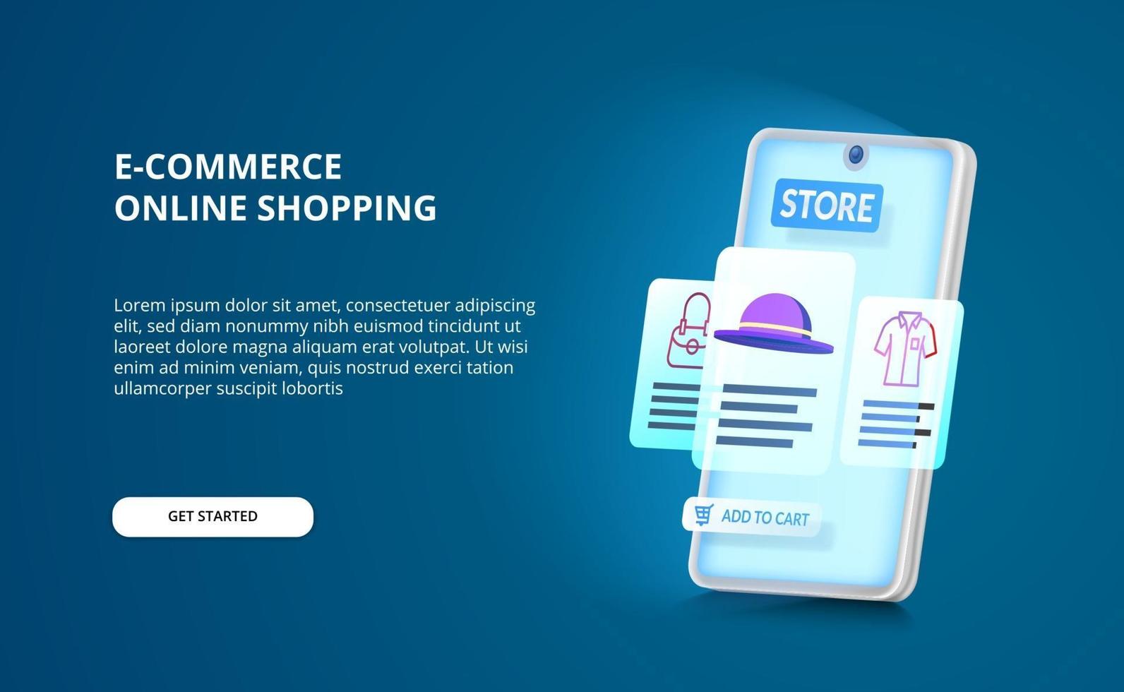 3D-smartphoneperspectief met ui-ontwerp van e-commerce of online shopping-app met blauw gloedscherm vector