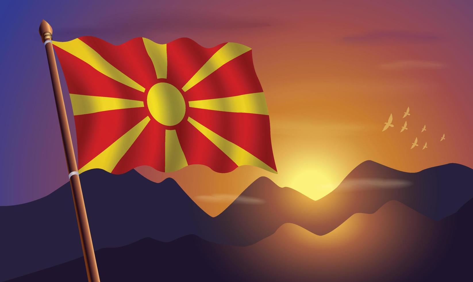 Macedonië vlag met bergen en zonsondergang in de achtergrond vector