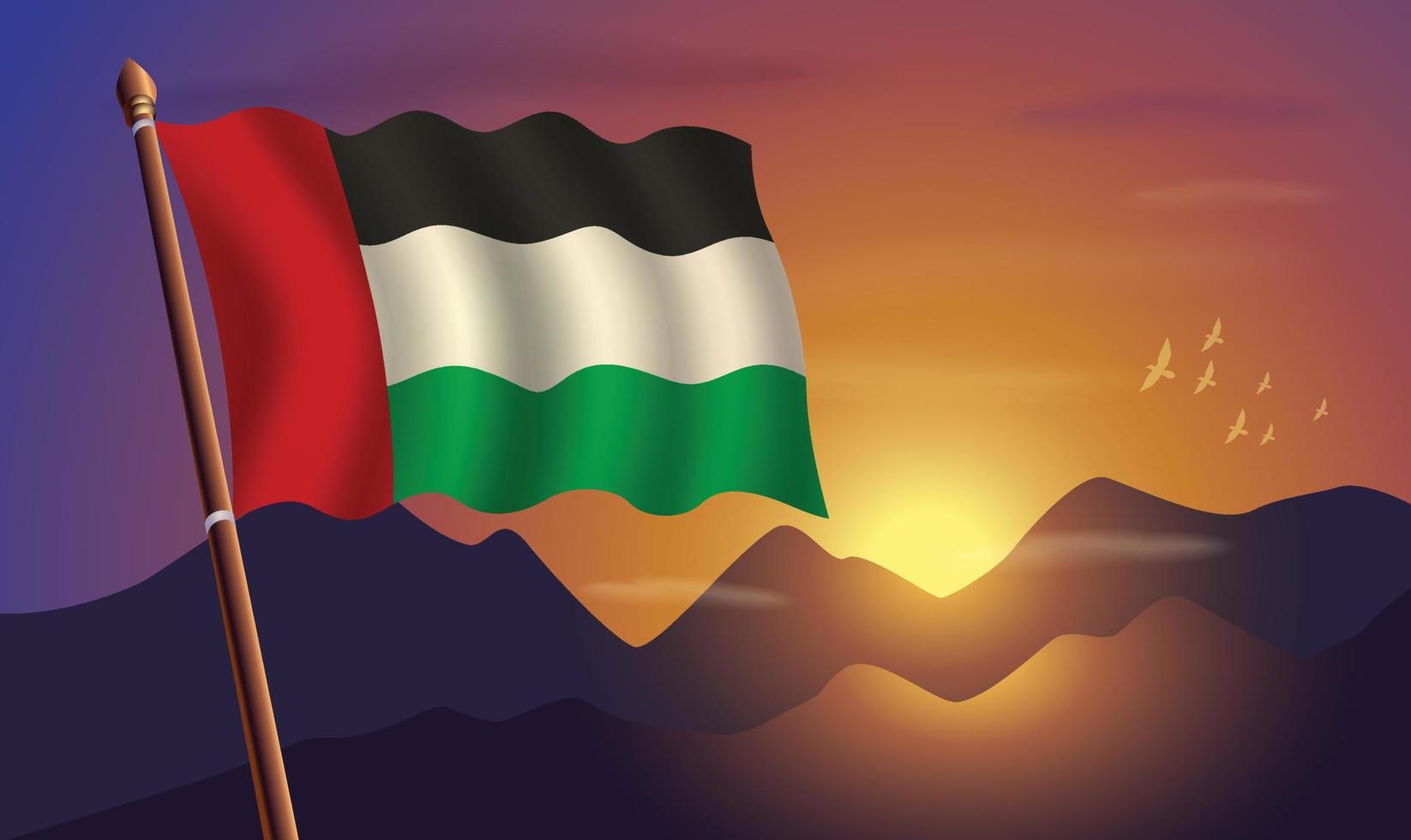 Verenigde Arabisch emiraten vlag met bergen en zonsondergang in de achtergrond vector