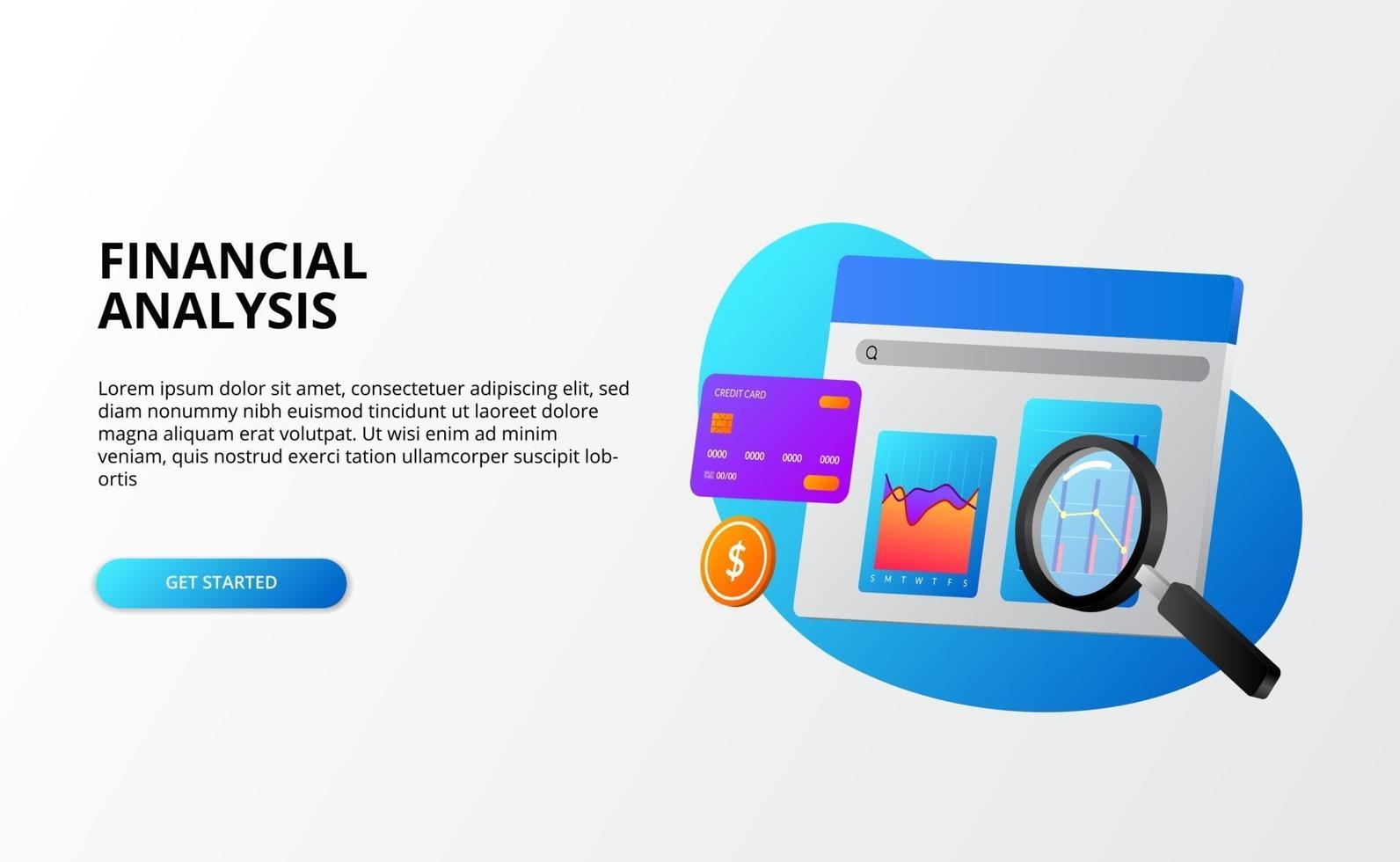 financiële economie bedrijfsanalyse met grafiek en vergrootglas 3d voor auditconcept voor bestemmingspagina vector