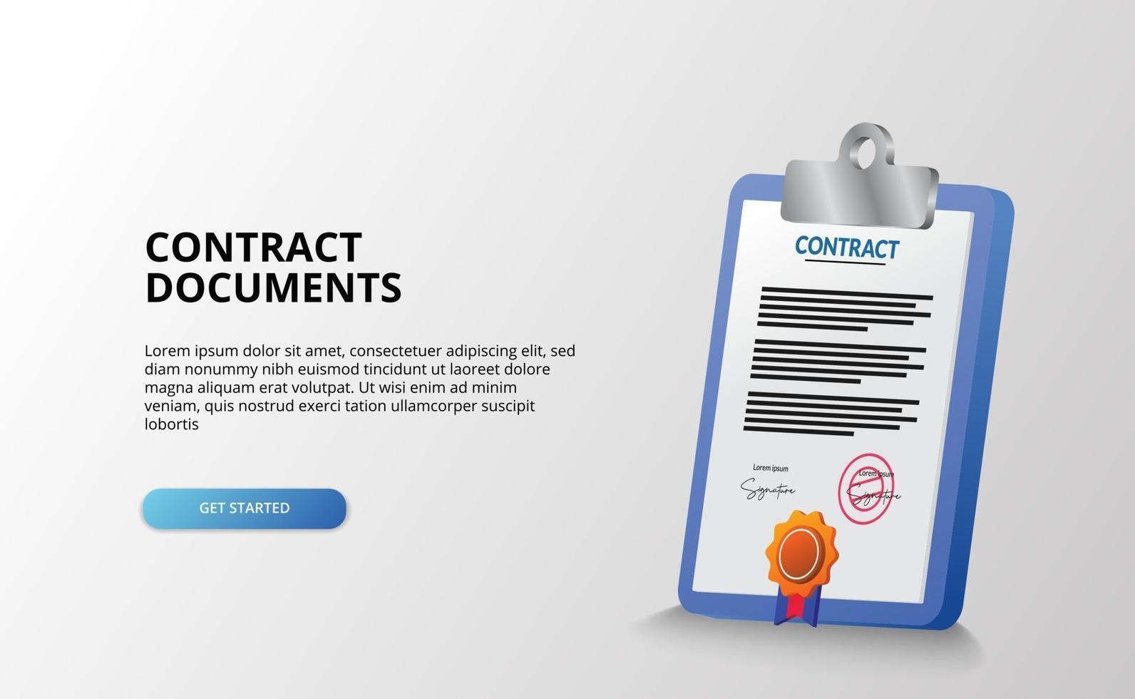 document contractbestand papier en klembord rapport 3d pictogram illustratie met certificaatmedaille vector