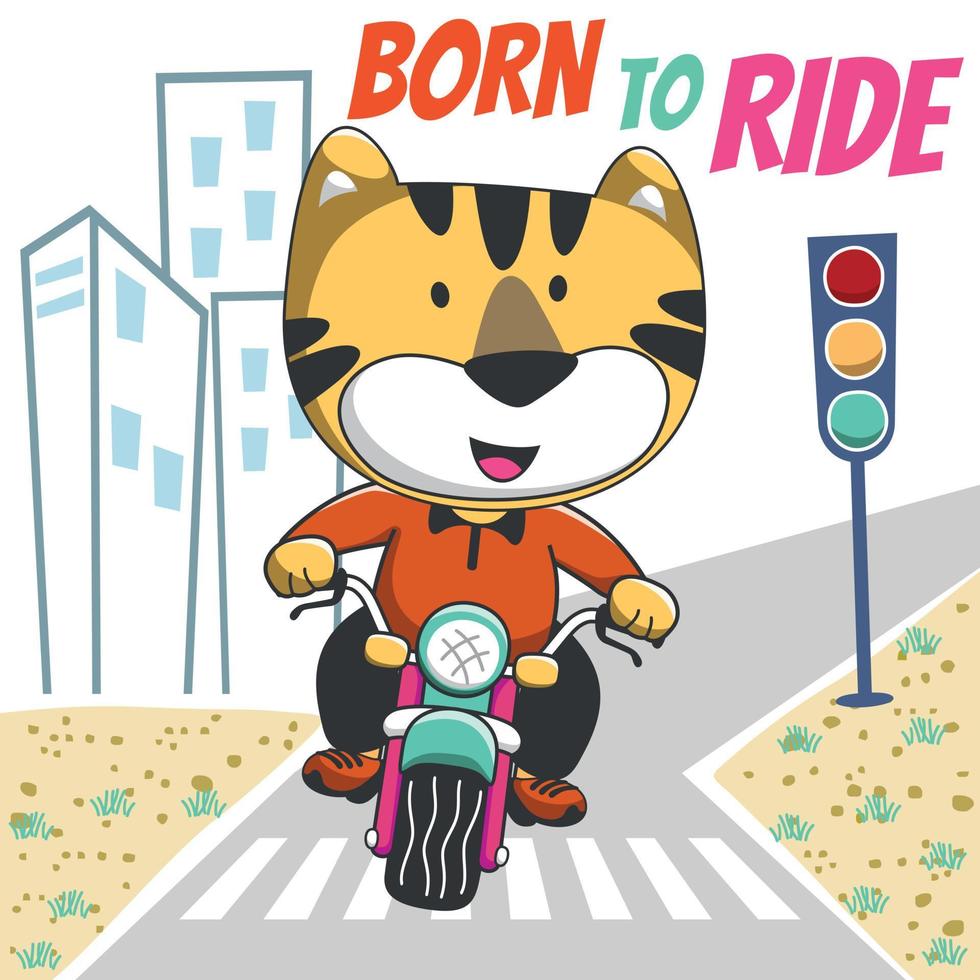 vector illustratie leuk tijger rijden een motorfiets, kan worden gebruikt voor t-shirt afdrukken, kinderen slijtage mode ontwerp, uitnodiging kaart. kleding stof, textiel, kinderkamer behang, poster en andere decoratie.