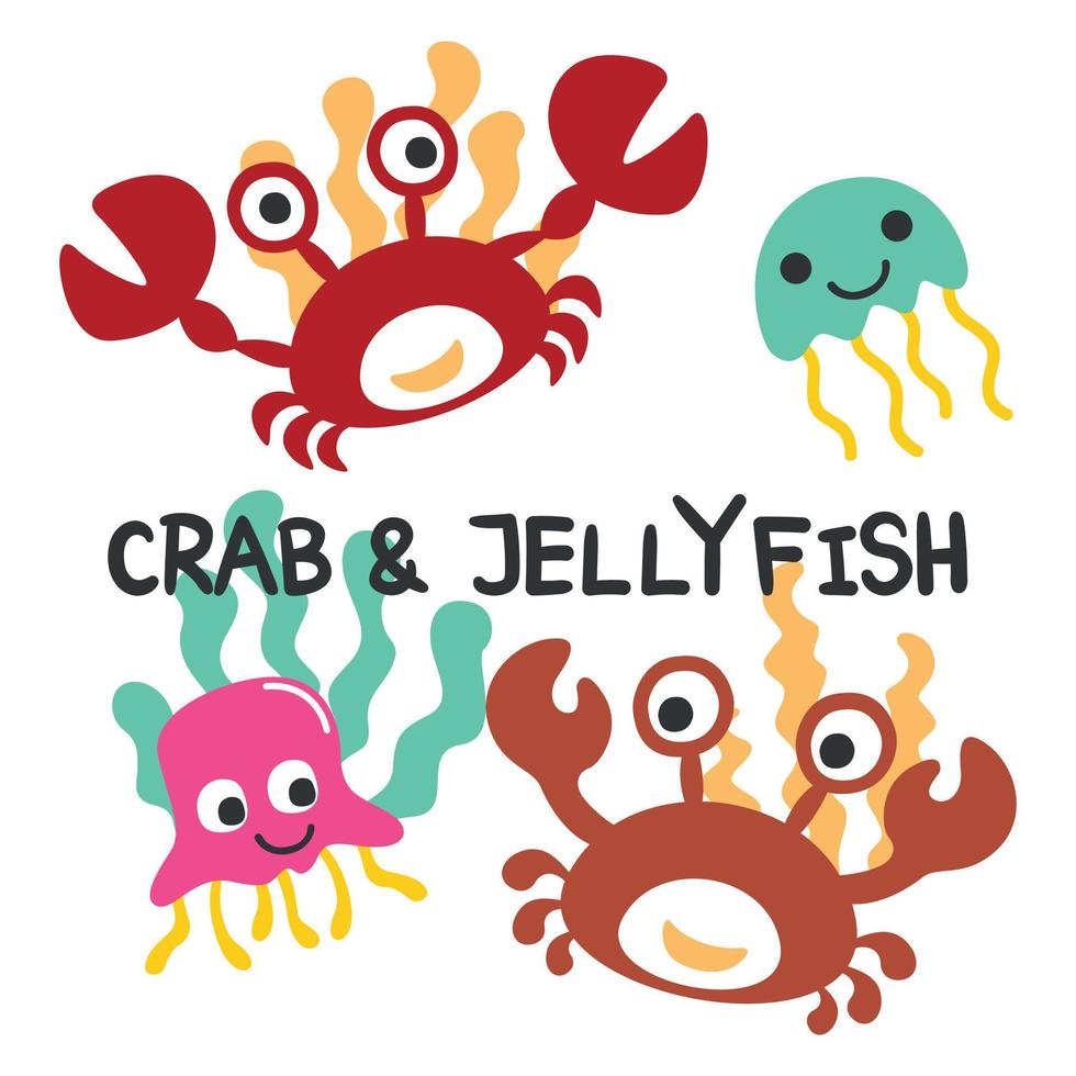 tekenfilm zee dieren. schattig grappig krab en kwallen. kan worden gebruikt voor t-shirt afdrukken, creatief vector kinderachtig achtergrond voor kleding stof textiel, kinderkamer behang en andere decoratie.