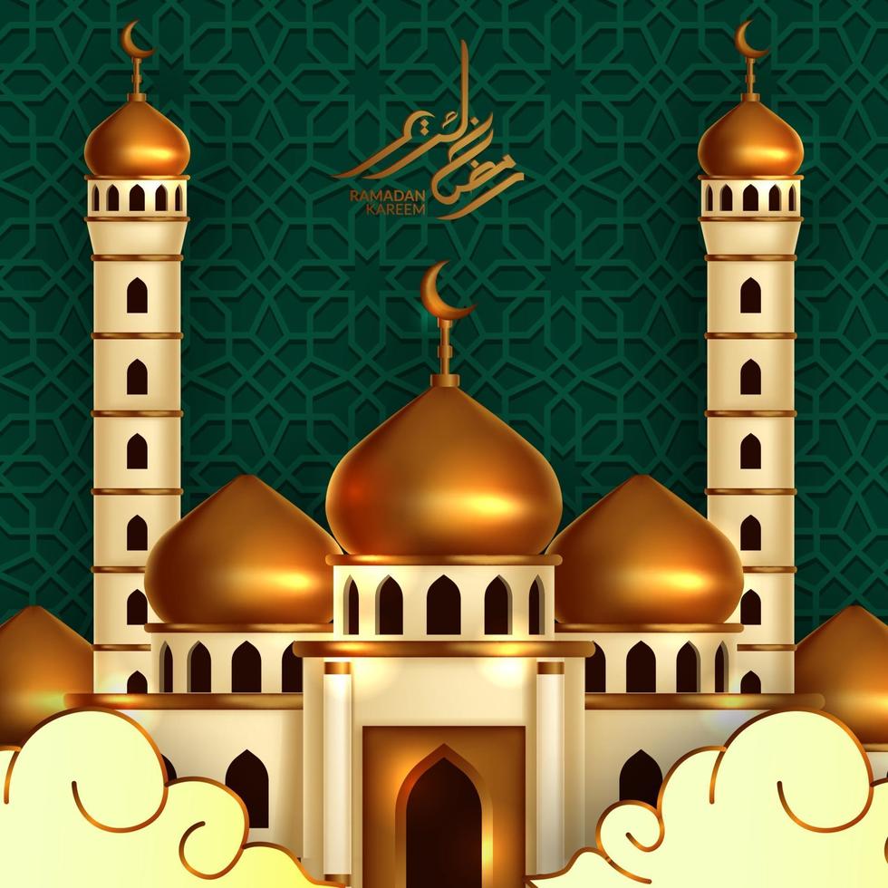 gouden koepel moskee gebouw illustratie met groene patroon achtergrond en moderne kalligrafie ramadan kareem. islamitische gebeurtenis heilige maand vasten ramadan. vector