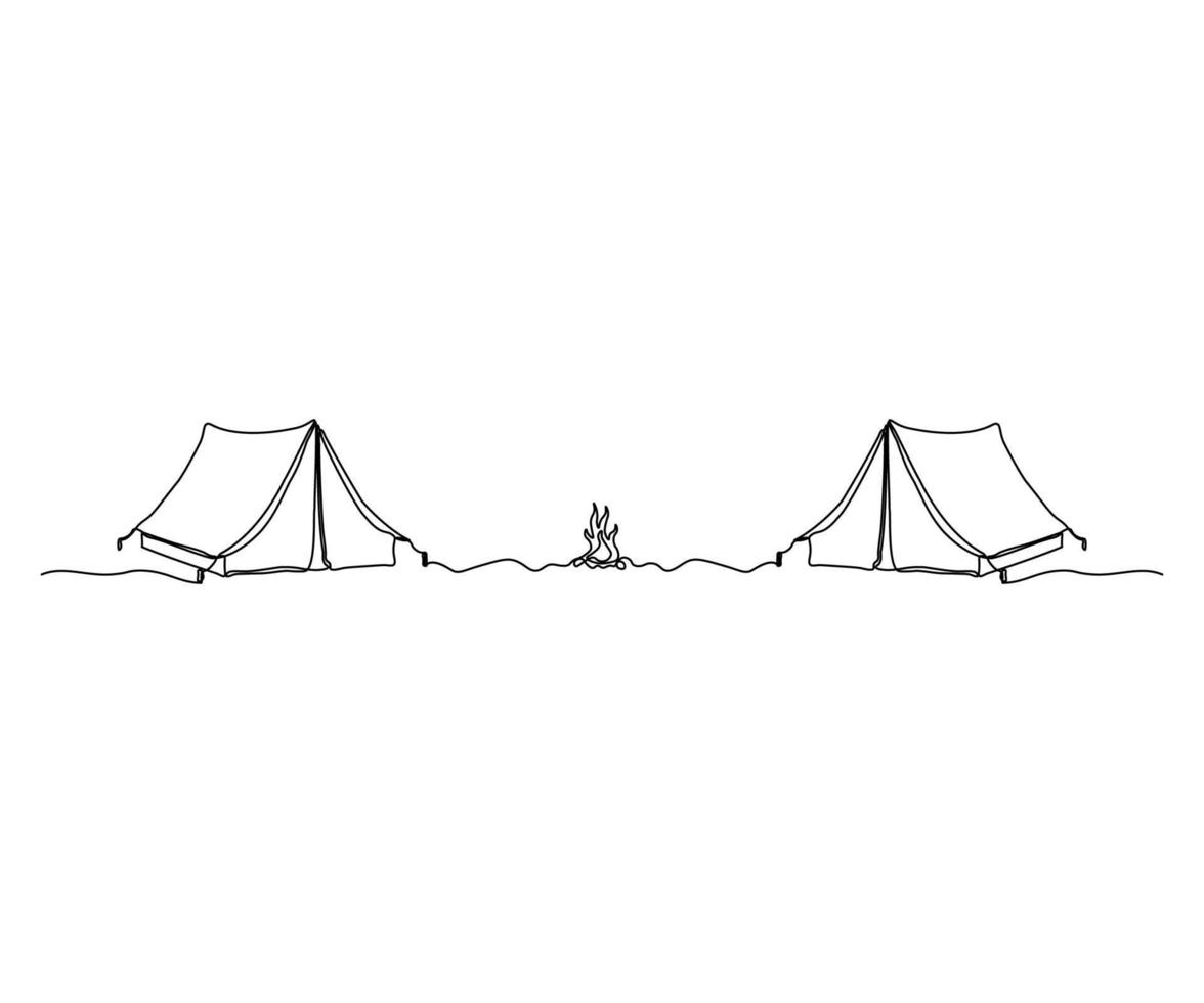 hiking, tenten en kampvuur, camping, hand getekend, doorlopend monoline, tekening in een lijn vector