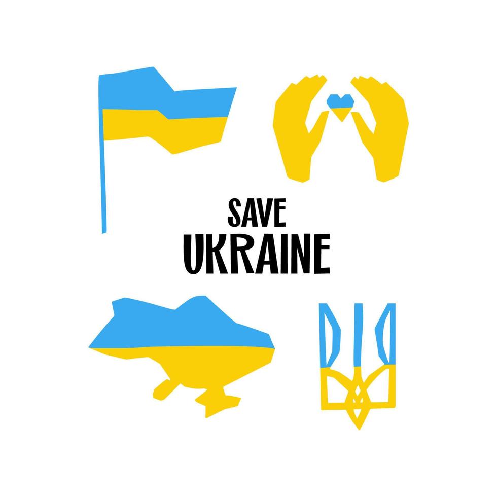 Oekraïne nationaal sumbol vlag kaart jas van armen illustratie in snijdend stijl blauw en geel kleur geïsoleerd vector