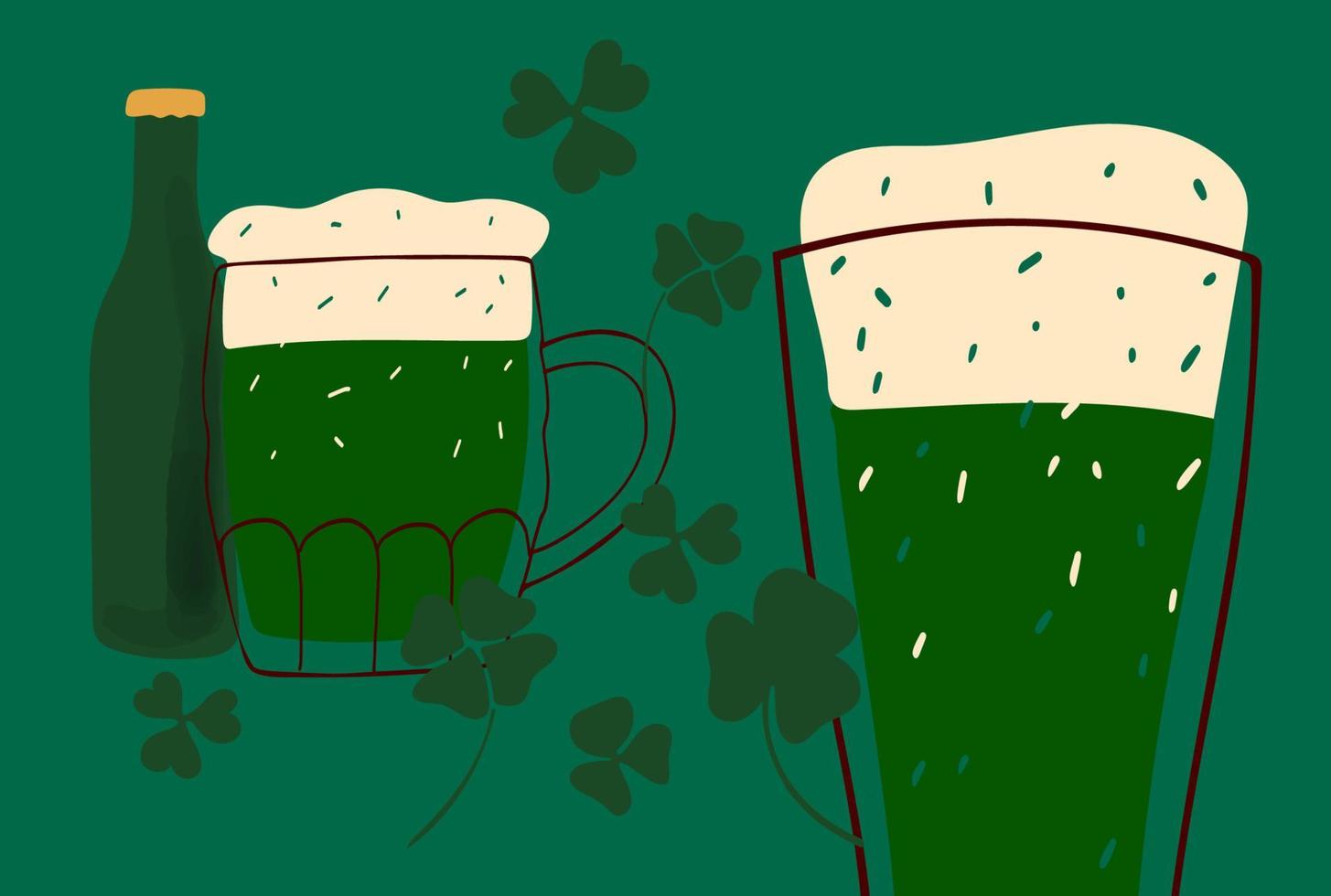 Sint Patrick s dag kaart ontwerp met gestileerde illustratie mokken van bier Aan groen achtergrond vector