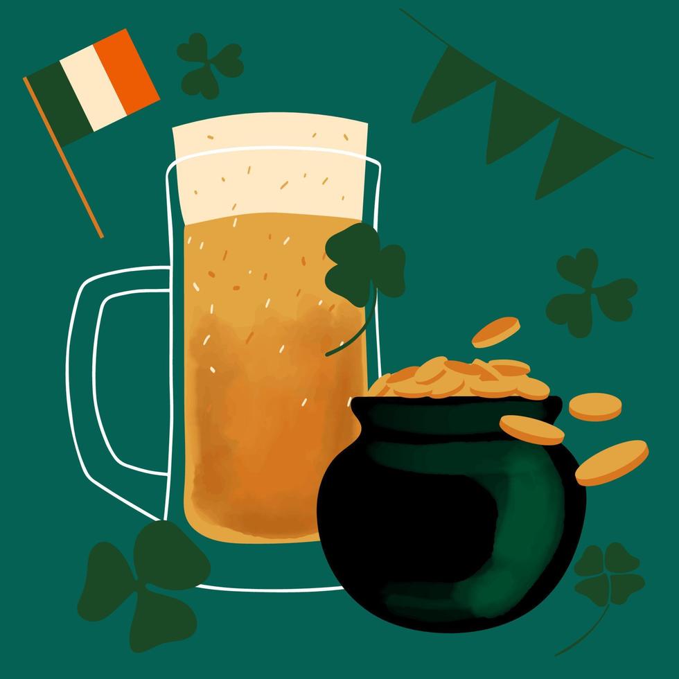 st. Patrick s dag illustratie met een gestileerde mok van bier en een pot van goud munten Aan een groen achtergrond vector