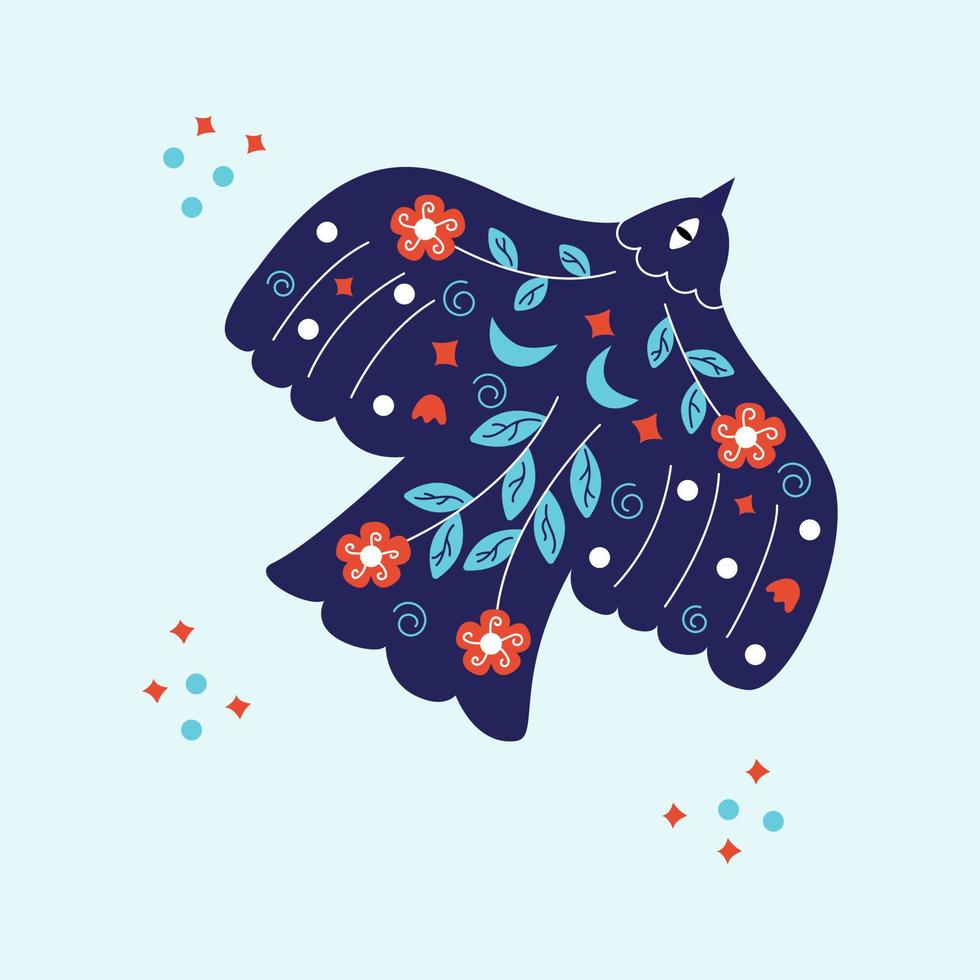 blauw vogel in bloemen en twijgen versierd vector