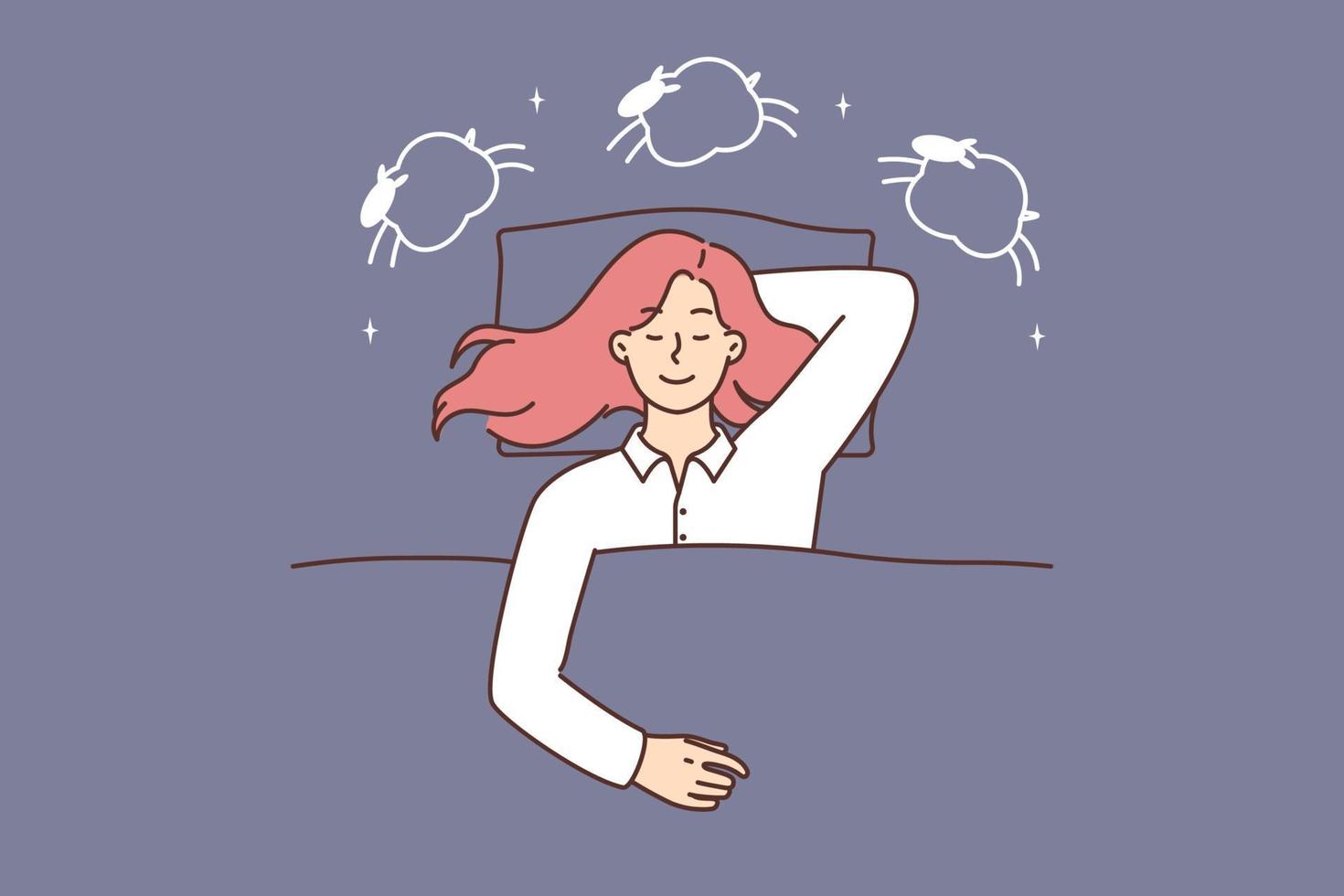 slapen vrouw vector illustratie. schattig slaperig meisje aan het liegen in de bed onder zacht donsdeken, hebben een mooi zo droom. droom wolk met schapen. slaap nauw, zoet dromen, snel in slaap concept voor web.