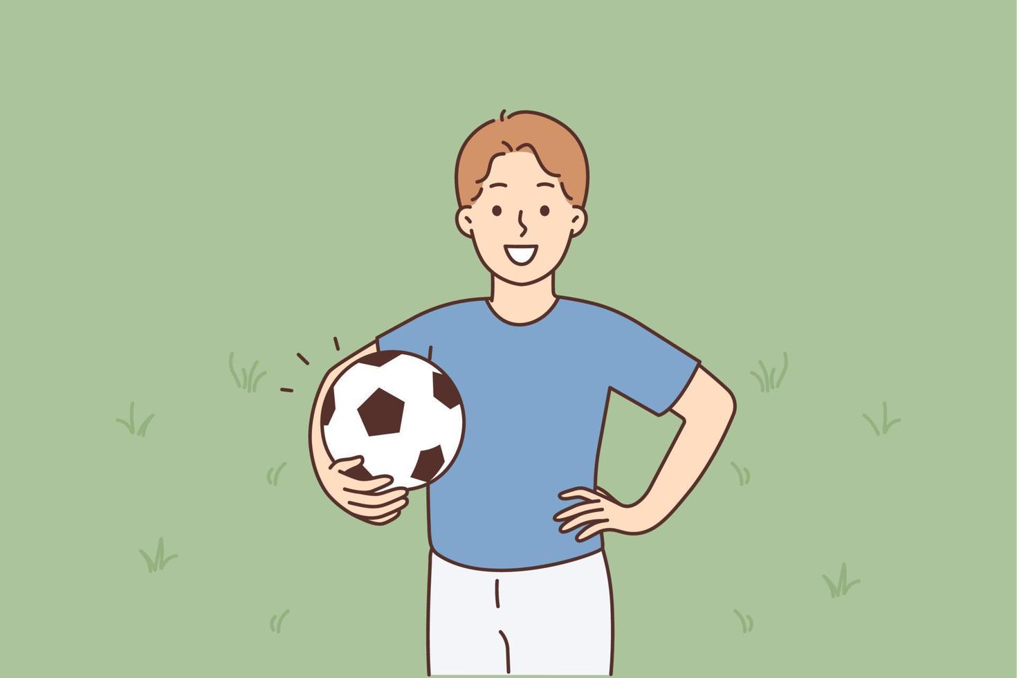 de concept van een Amerikaans voetbal speler jongen. een jong glimlachen jongen staat Holding een voetbal bal op zoek in de kader en glimlachen Aan een groen achtergrond vector illustratie