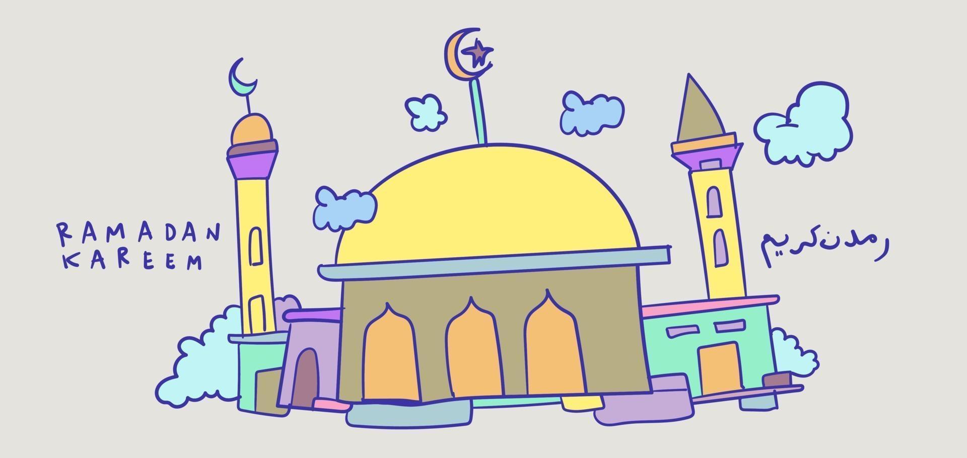 ramadan kareem islamitische moskee kinderen hand getrokken groet vector