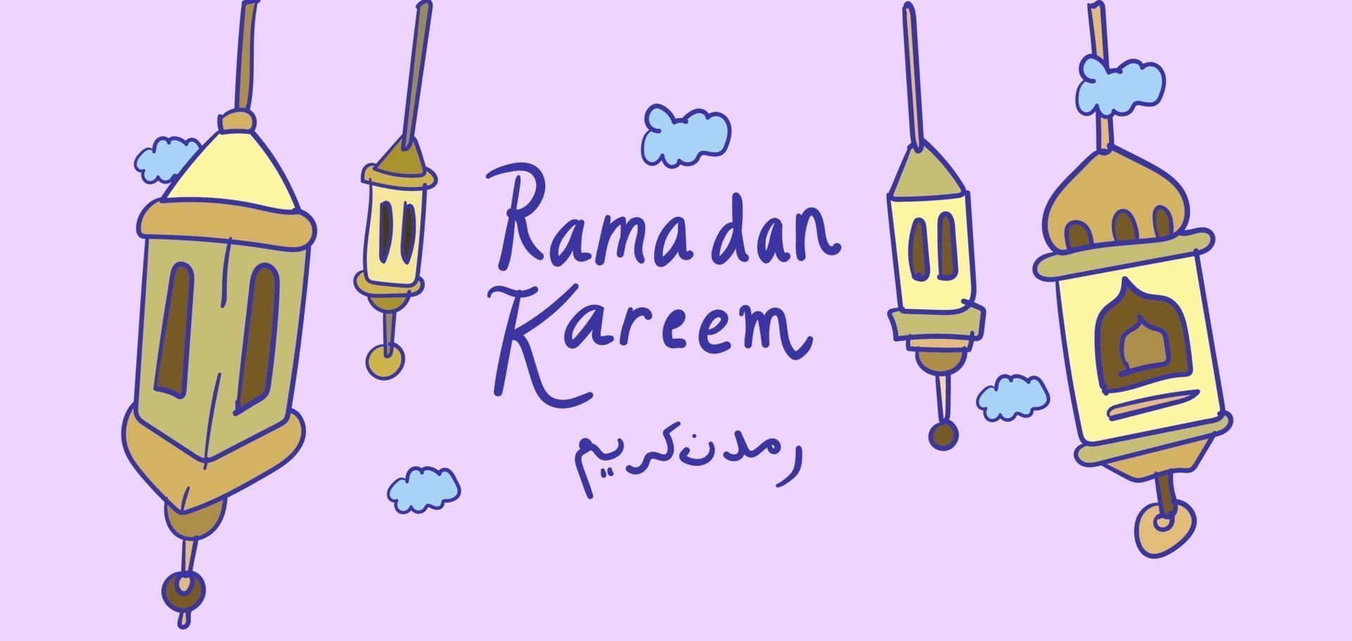 ramadan kareem islamitische moskee kinderen hand getrokken groet vector