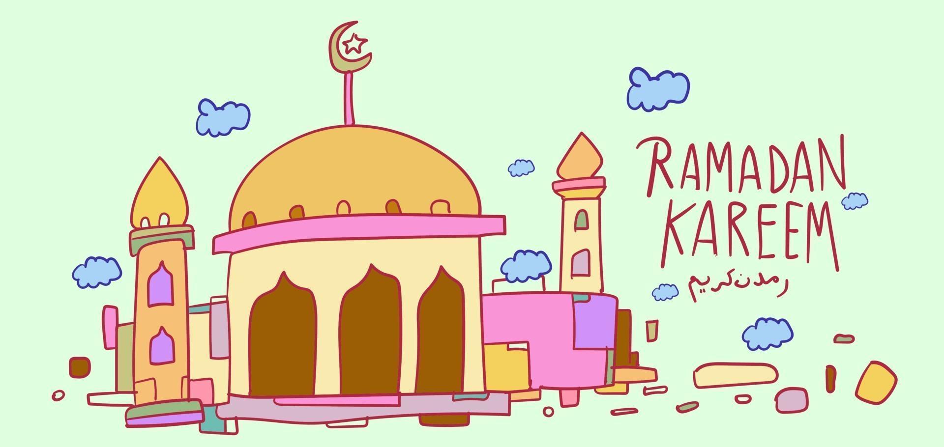 ramadan kareem islamitische moskee kinderen hand getrokken groet vector