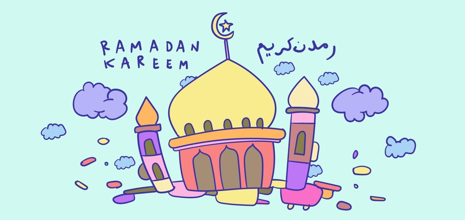 ramadan kareem islamitische moskee kinderen hand getrokken groet vector