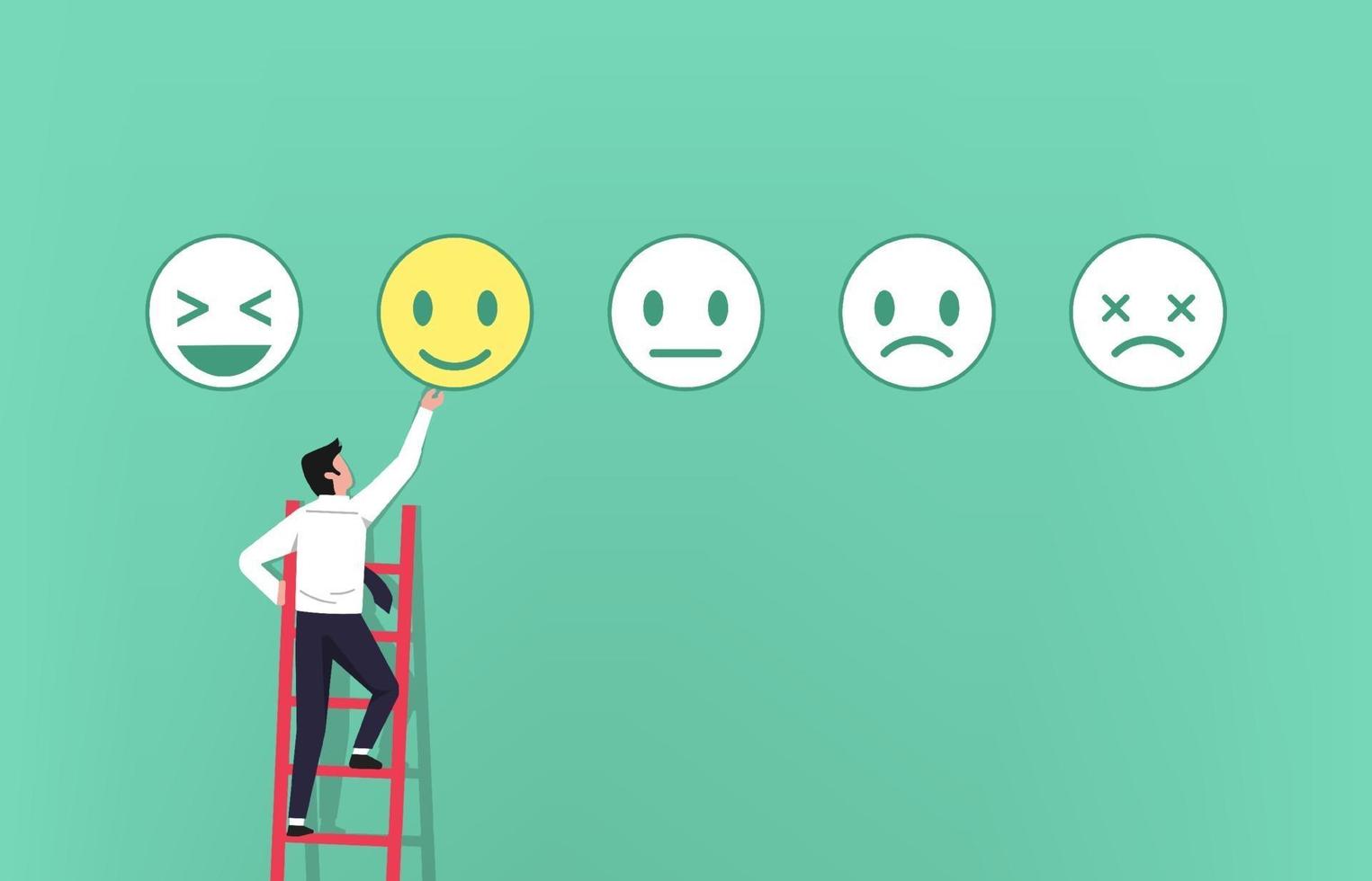 zakenman op de ladder feedback geven met emoticons symbool concept. klanttevredenheid vectorillustratie vector