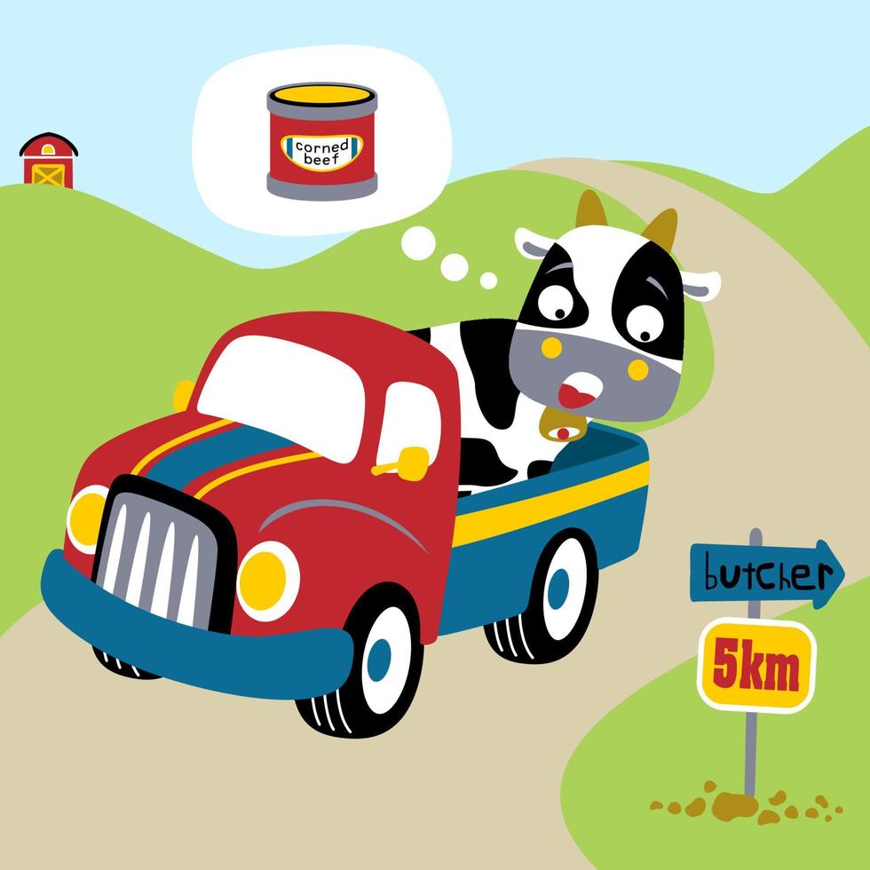 een bang koe Aan een vrachtauto in boerenerf achtergrond, vector tekenfilm