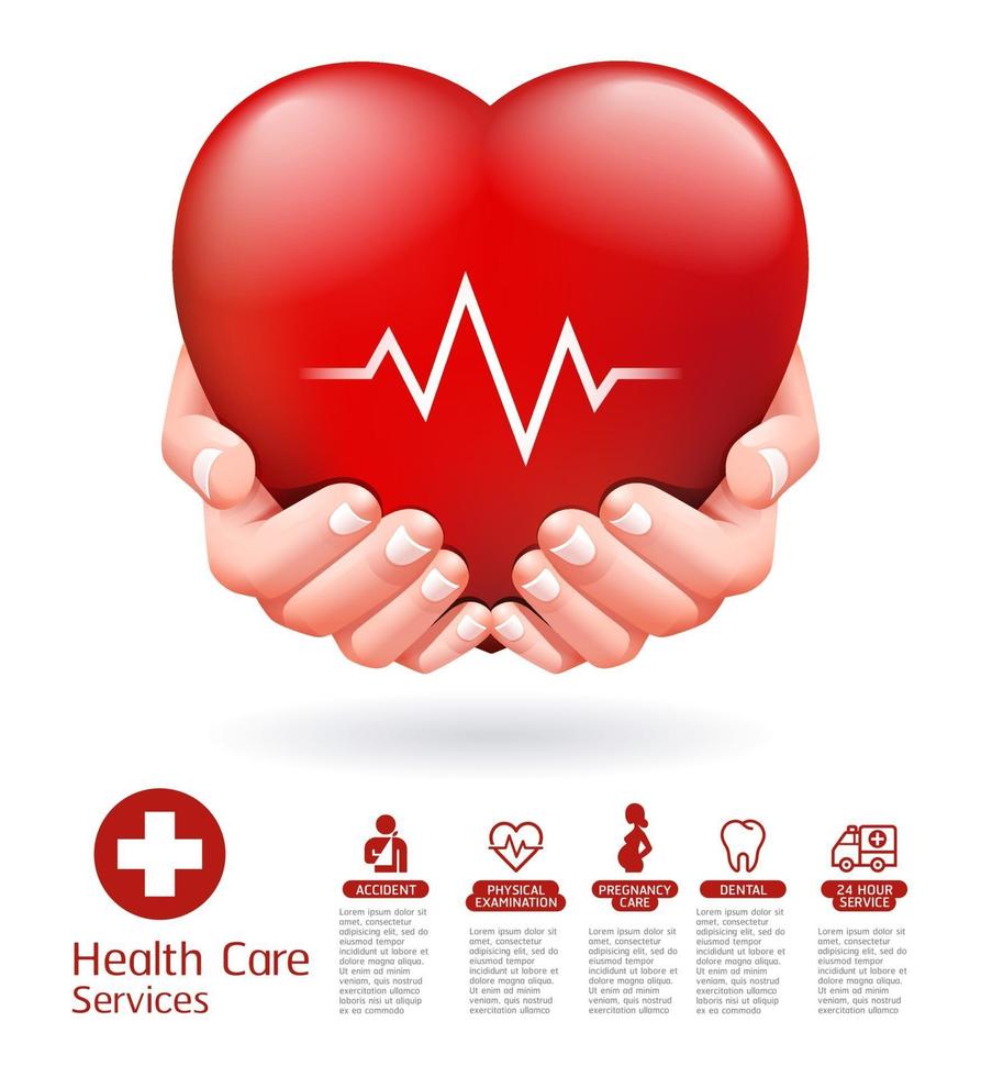 twee handen en rood hart conceptueel ontwerp. gezondheidszorg vector illustratie.