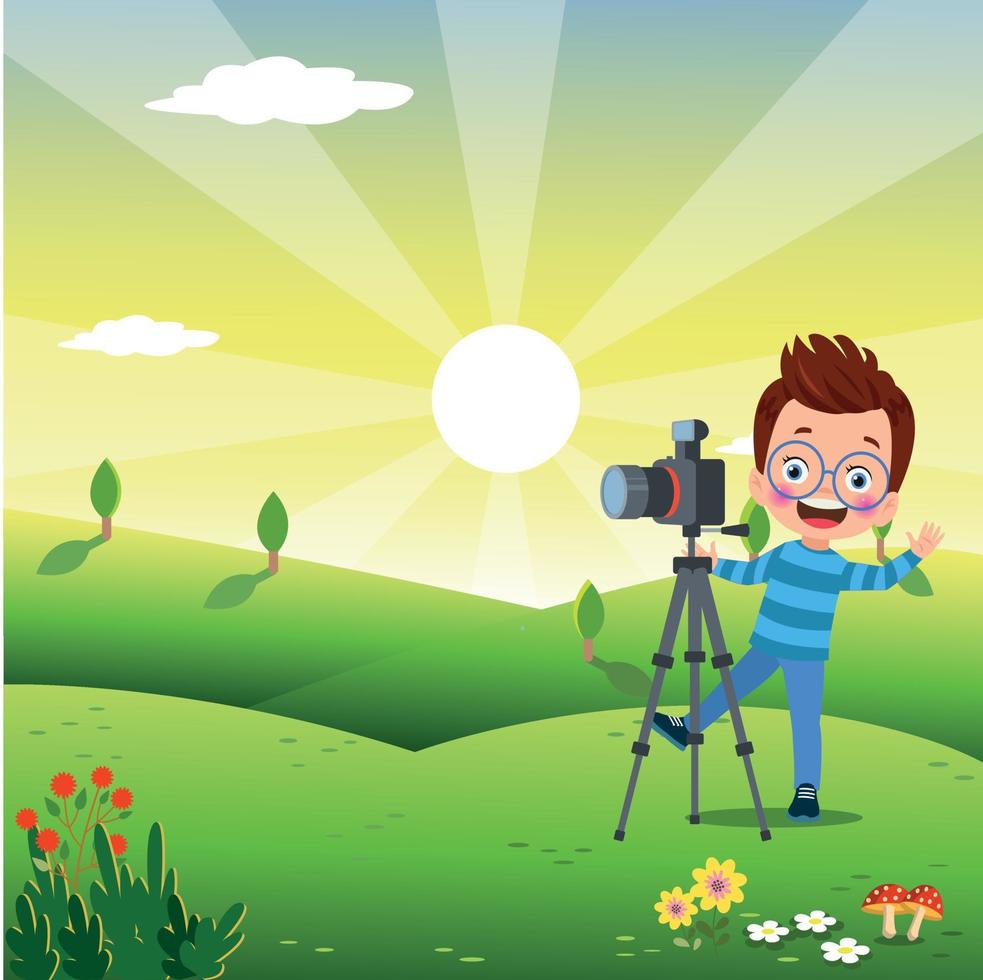 schattig jongens nemen foto gebruik makend van smartphone en camera tekenfilm vector illustratie