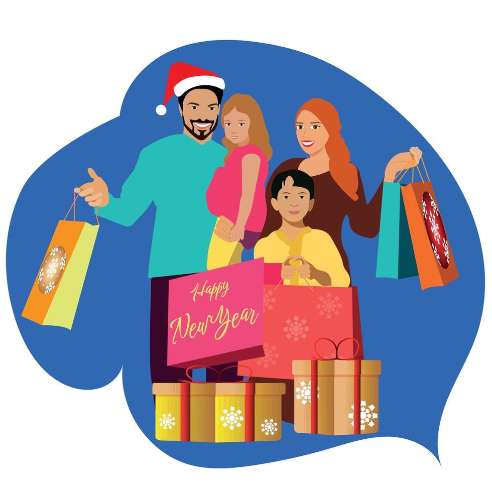 een gelukkig familie is in een haast je voor een groot Kerstmis uitverkoop in de op te slaan. mensen kopen cadeaus voor nieuw jaar 2023. vector illustratie.