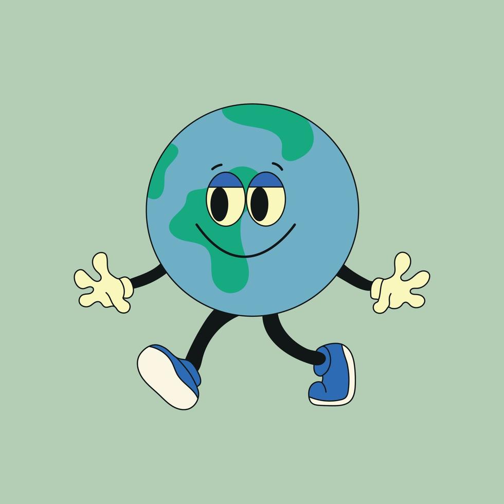 schattig planeet aarde karakter. schattig aarde wereldbol met emoties, gezicht, armen, poten in schoenen. tekenfilm stijl. hand- getrokken mode vector illustratie. wereld aarde dag, natuur zorg concept