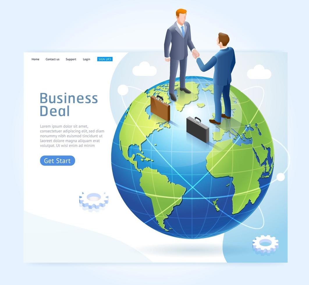 zakelijk partnerschap conceptueel ontwerp. zakenlieden handdruk op wereldbol. vector