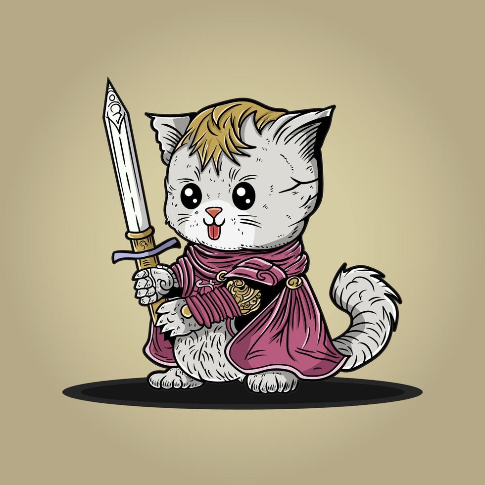schattig kat krijger met reusachtig zwaard wapen en rood kap vector illustratie artwork karakter ontwerp