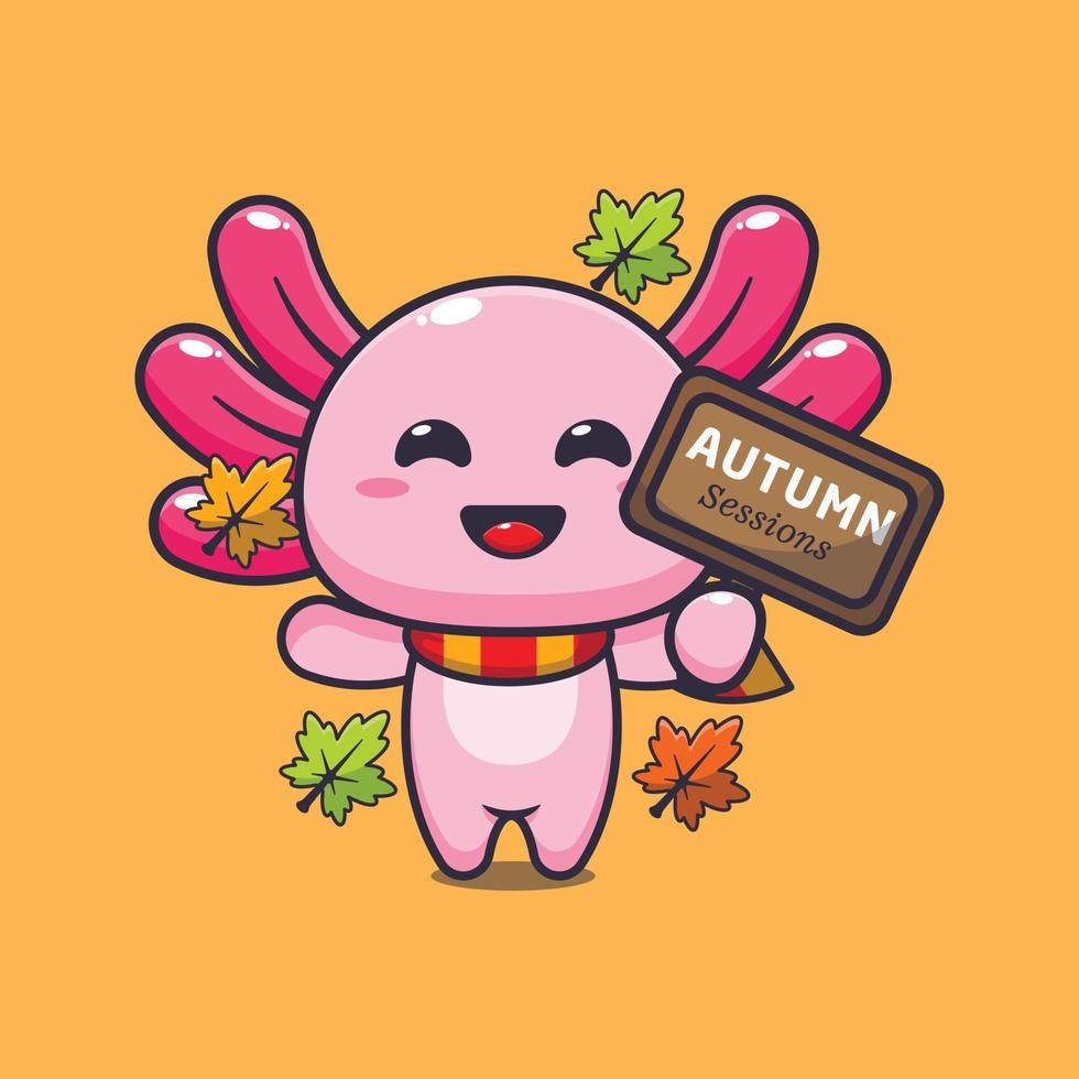 schattig axolotl met herfst teken bord tekenfilm vector illustratie.