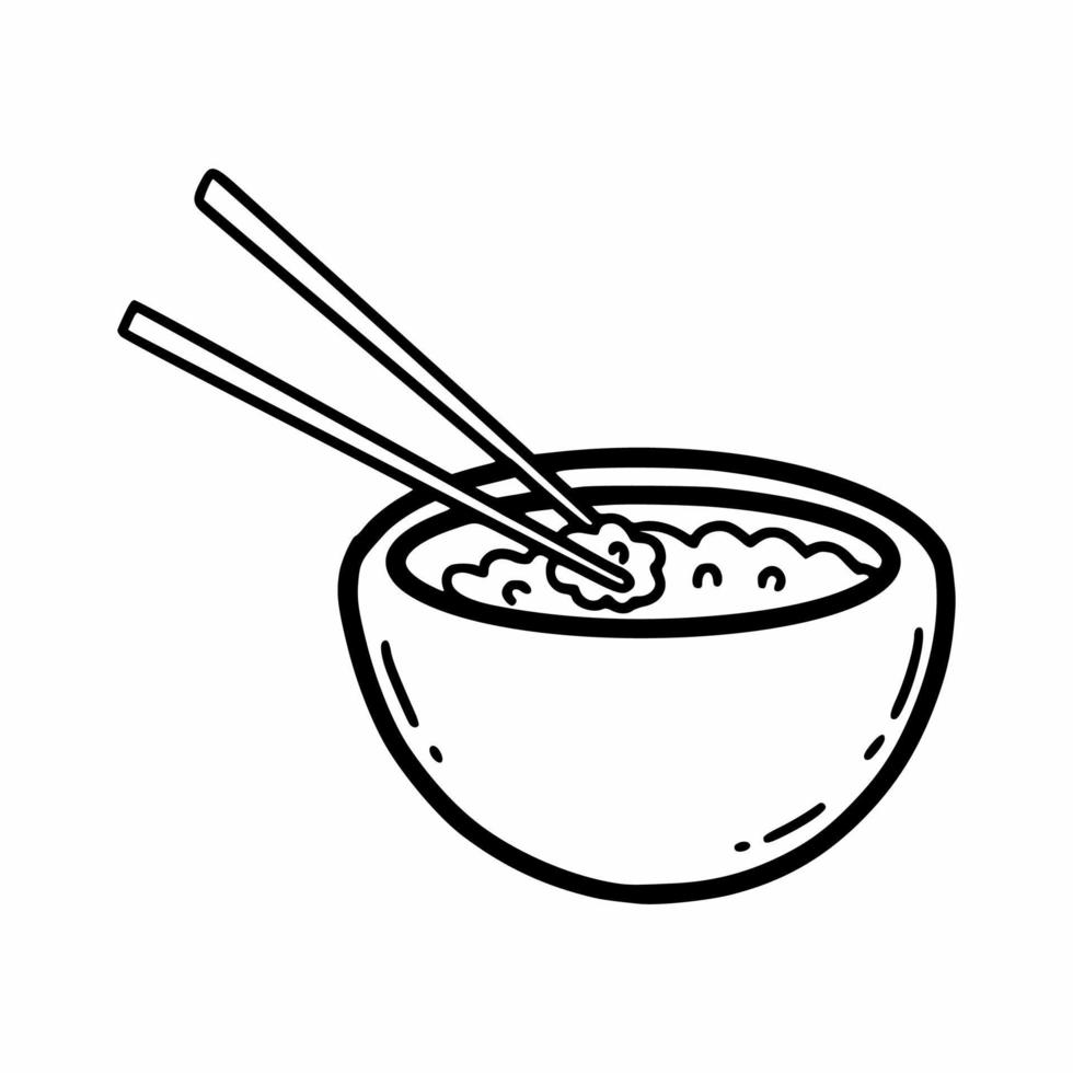 rijst- in bord en Japans eetstokjes. vector tekening illustratie. schetsen door hand. icoon.