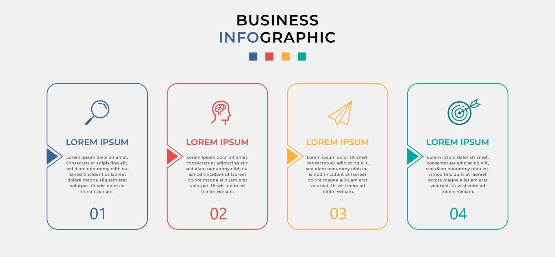 zakelijke infographic ontwerpsjabloon vector met pictogrammen en 4 vier opties of stappen. kan worden gebruikt voor procesdiagrammen, presentaties, werkstroomlay-out, banner, stroomschema, infografiek