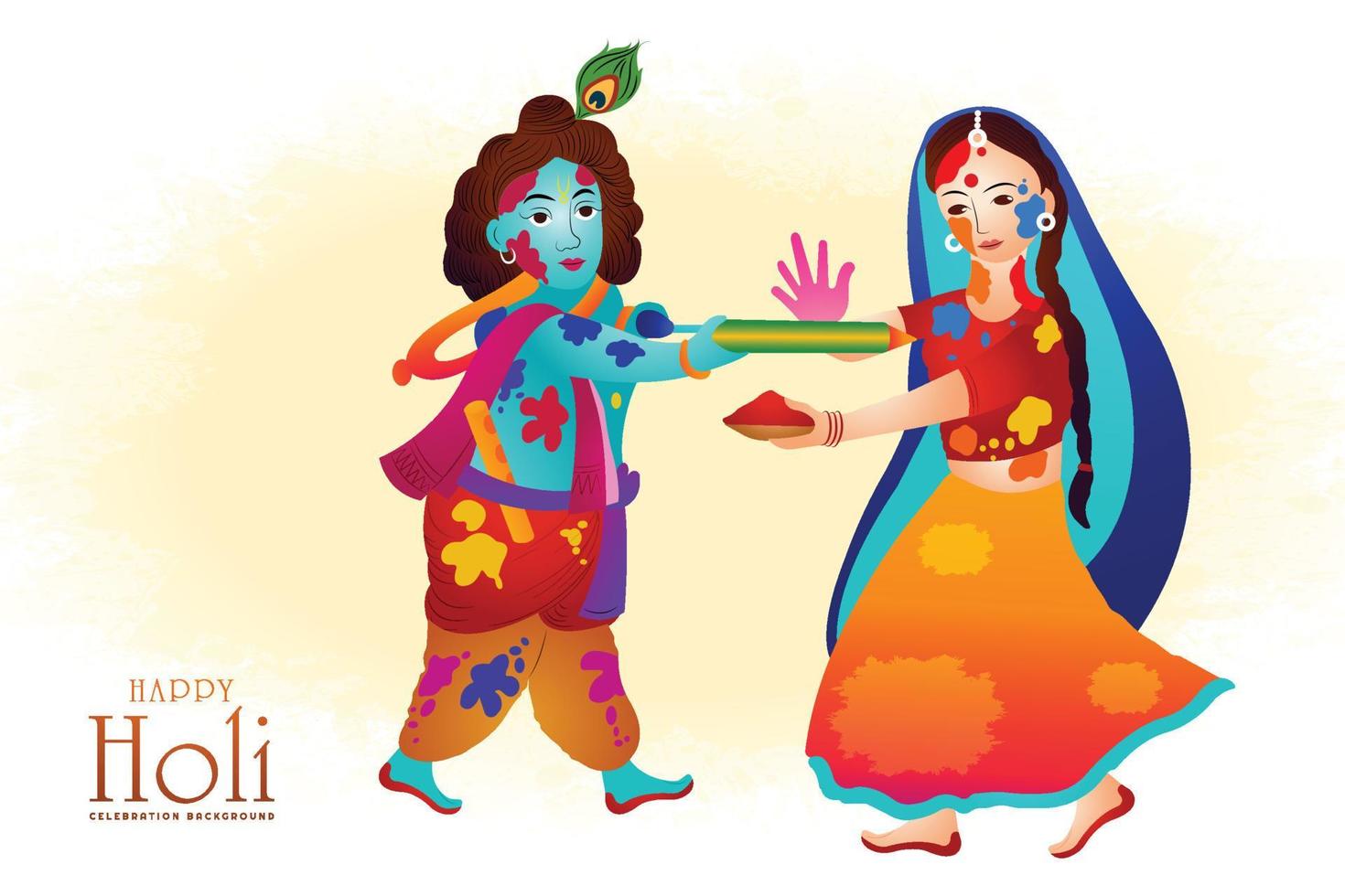 holi groeten met blij krishna en radha spelen met kleuren illustratie achtergrond vector