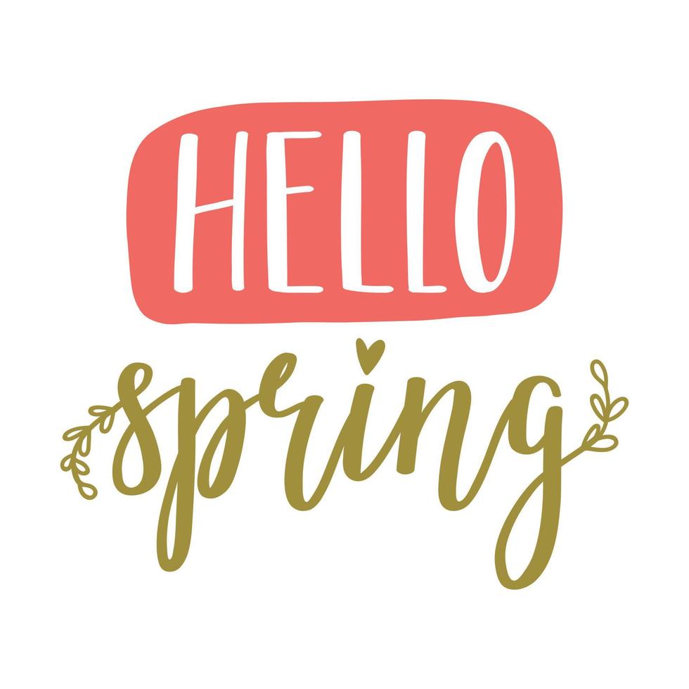 Hallo de lente. hand- belettering met tekening takjes. kaarten sjabloon, handgeschreven uitdrukking voor groet kaarten, affiches, stickers. kleurrijk illustratie geïsoleerd Aan wit achtergrond. vector