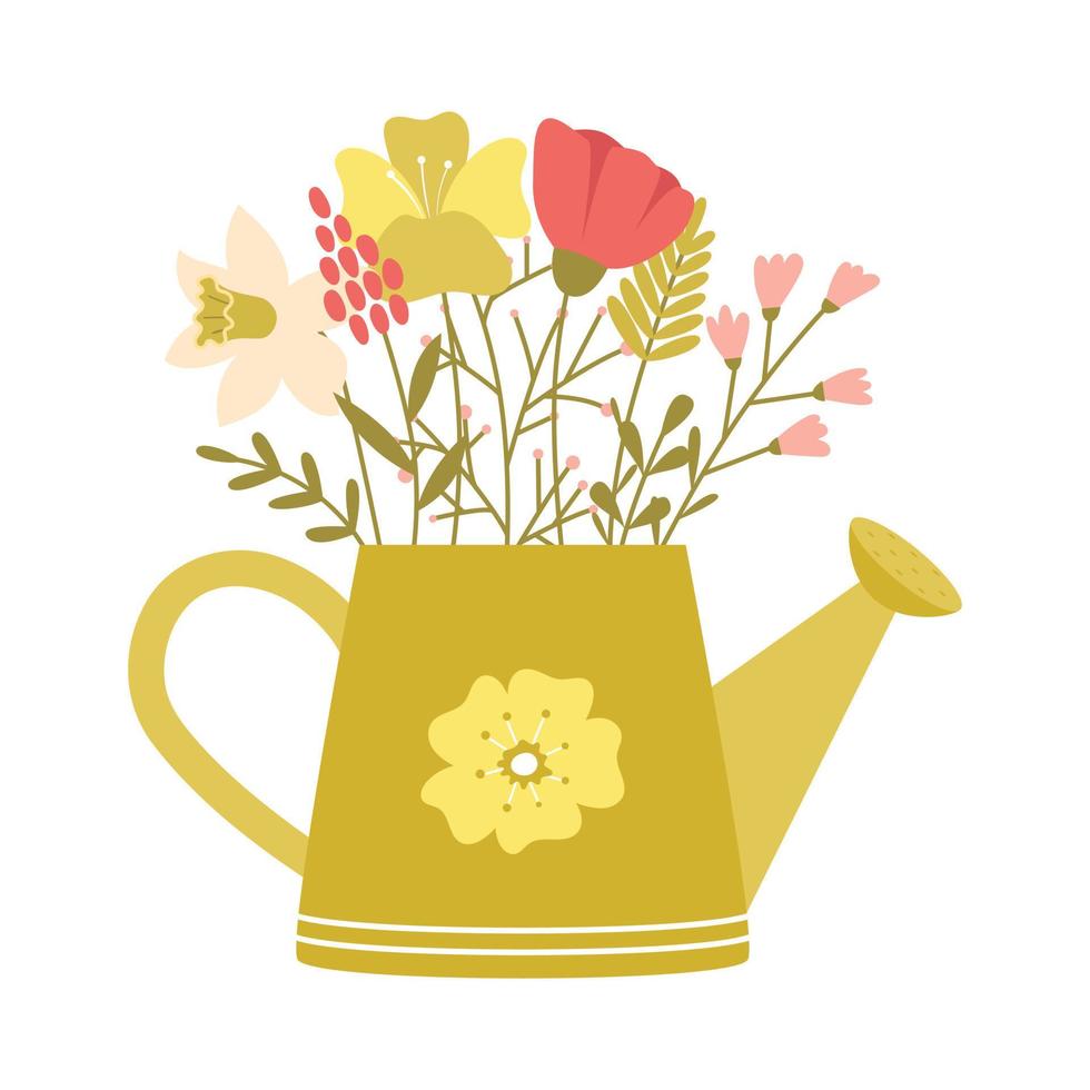 gieter kan met gemakkelijk voorjaar bloemen, takjes, kruiden. schattig decoratief element in tekenfilm stijl voor Pasen en voorjaar groet kaarten. kleur vector illustratie geïsoleerd Aan een wit achtergrond.