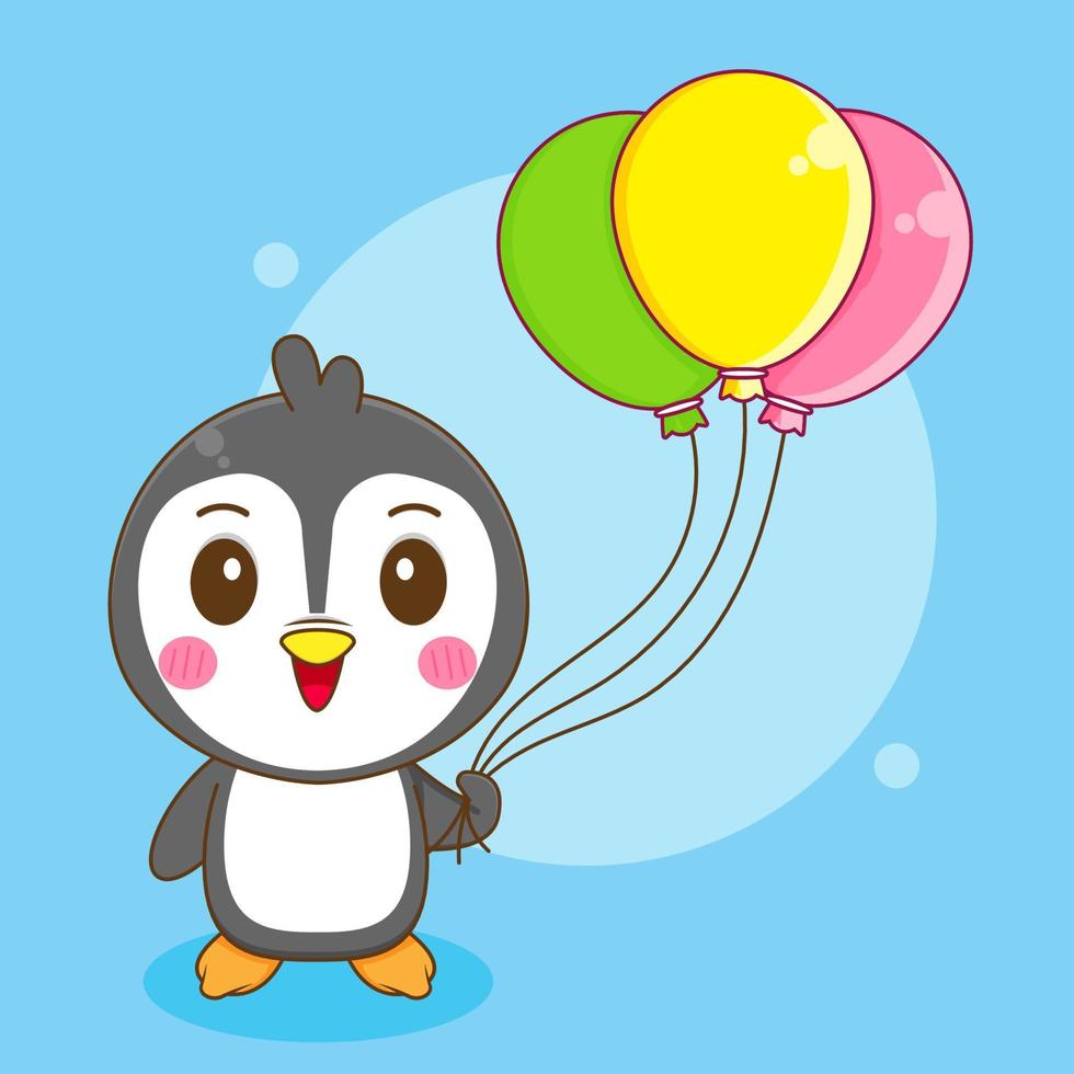 schattig pinguïn spelen kleurrijk ballon chibi karakter illustratie vector