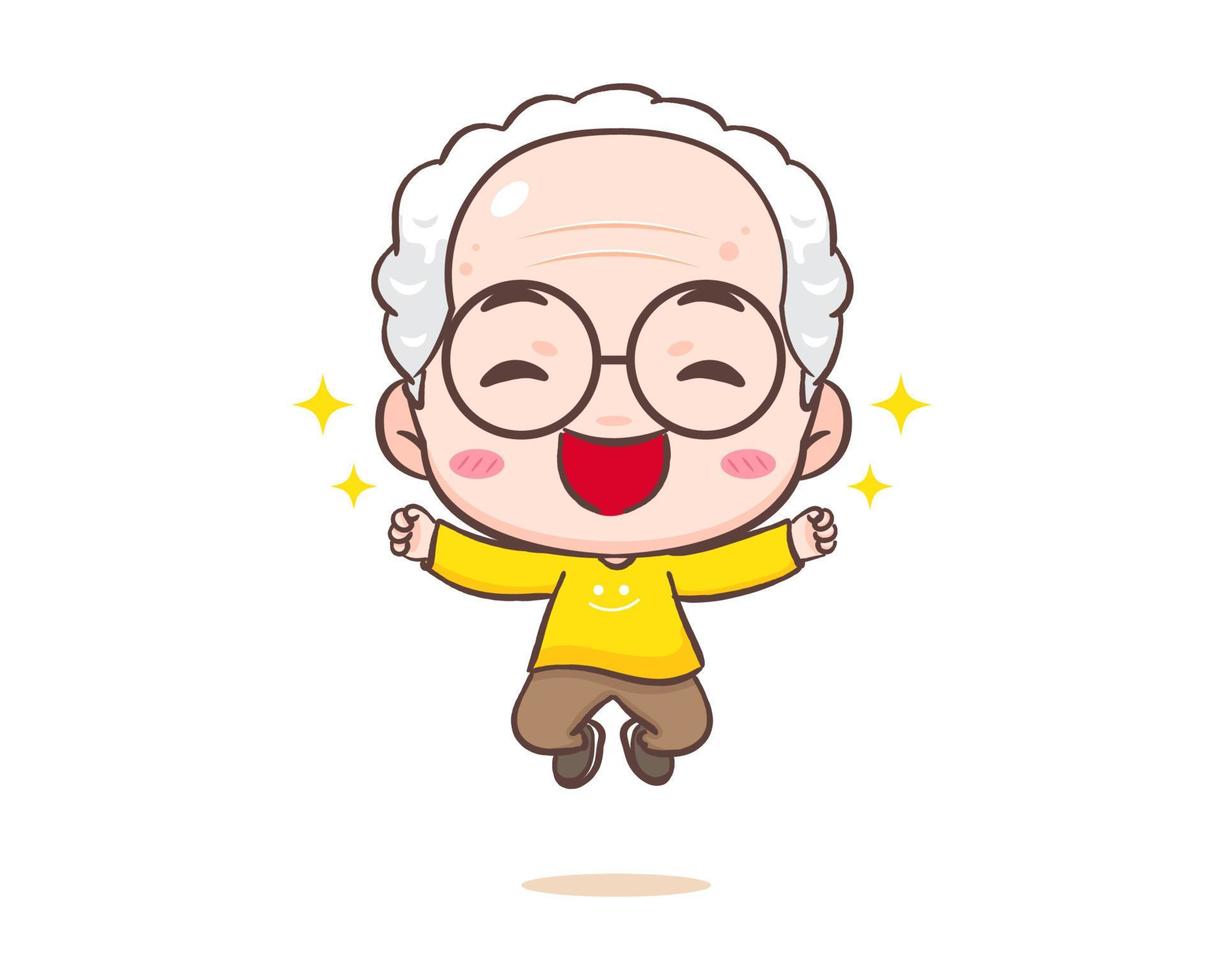 schattig opa of oud Mens tekenfilm karakter. gelukkig opa springen. kawaii chibi hand- getrokken stijl. aanbiddelijk mascotte vector illustratie. mensen familie concept ontwerp