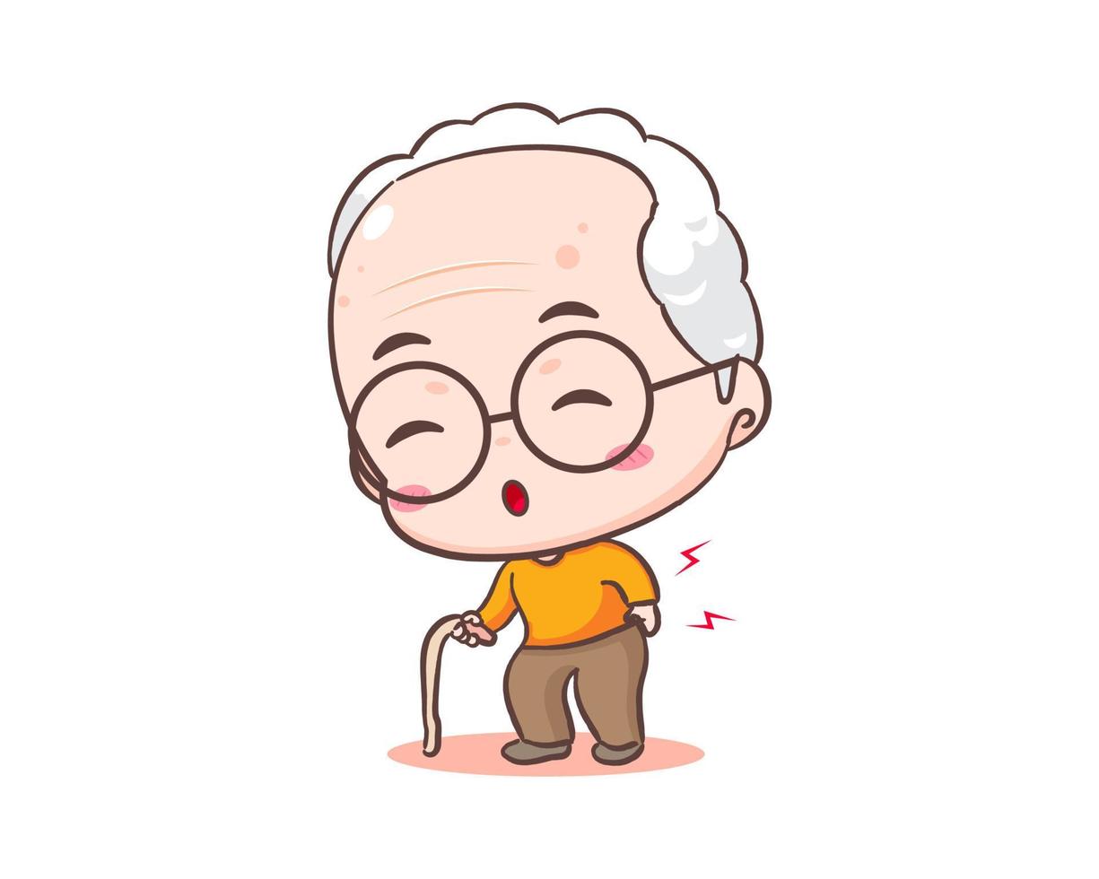 schattig opa of oud Mens tekenfilm karakter. opa voelen pijn doen Aan de rug. kawaii chibi hand- getrokken stijl. aanbiddelijk mascotte vector illustratie. mensen familie concept ontwerp