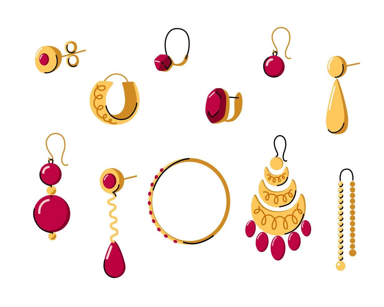 Dames verschillend oorbellen types verzameling. goud sieraden met rood edelstenen. hand- gemaakt en ambacht sieraden concept. tekening hand- getrokken vecror illustratie set. vector