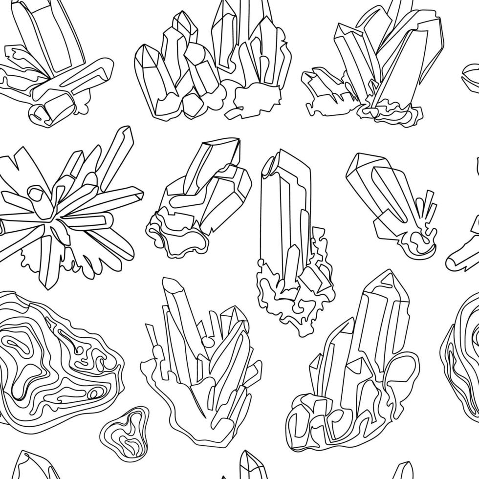 Kristallen en natuurlijk mineralen naadloos patroon lijn kunst tekening in tekening stijl vector illustratie.edelstenen zwart en wit schetsen hand- getrokken.naadloos structuur voor afdrukken, behang, papier, textiel, andere