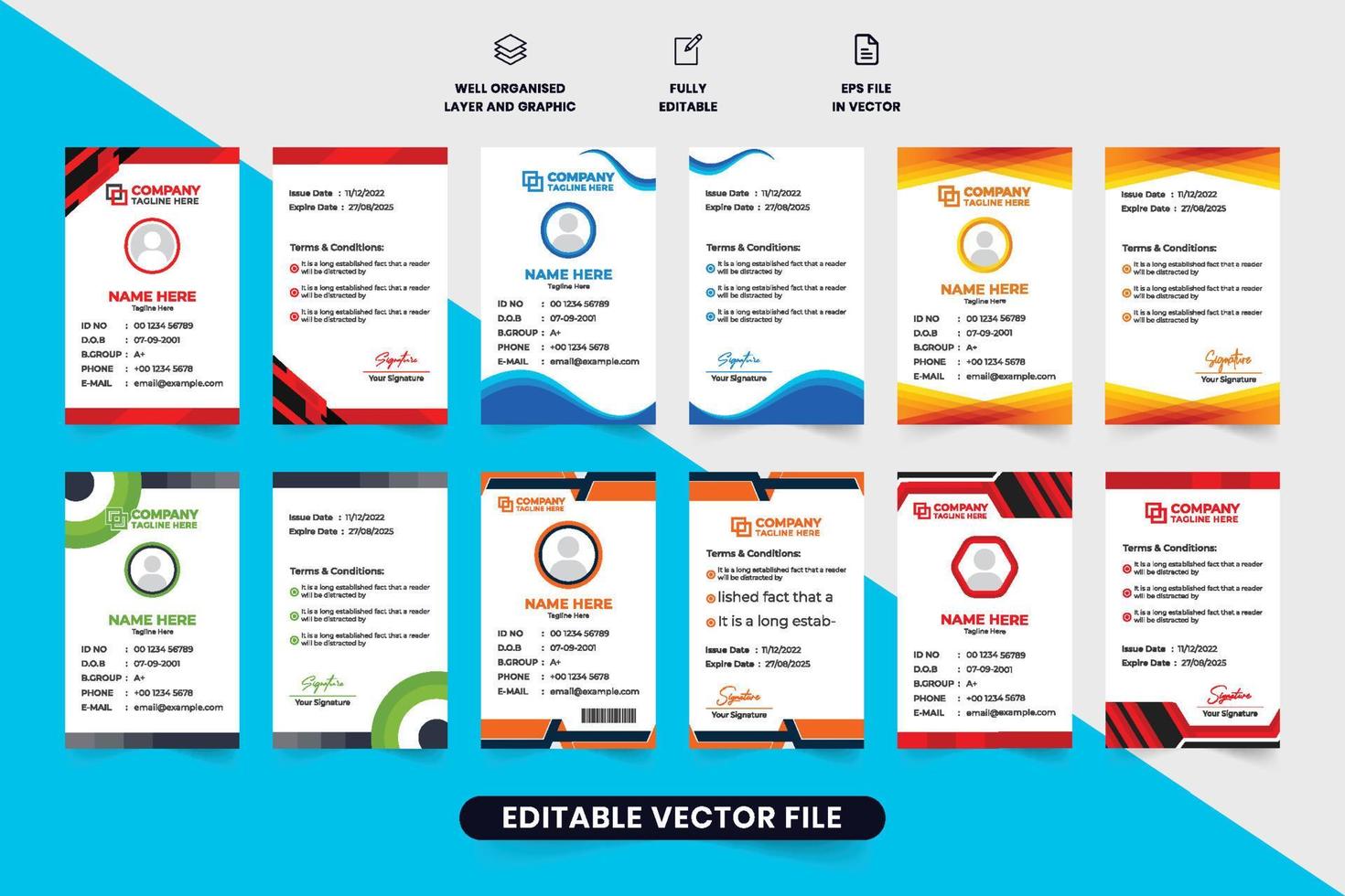 werknemer ID kaart kaart verzameling voor kantoor en bedrijf organisaties. identiteit kaart bundel ontwerp met foto tijdelijke aanduidingen. bedrijf en academisch identificatie kaart reeks vector met rood en blauw kleuren.