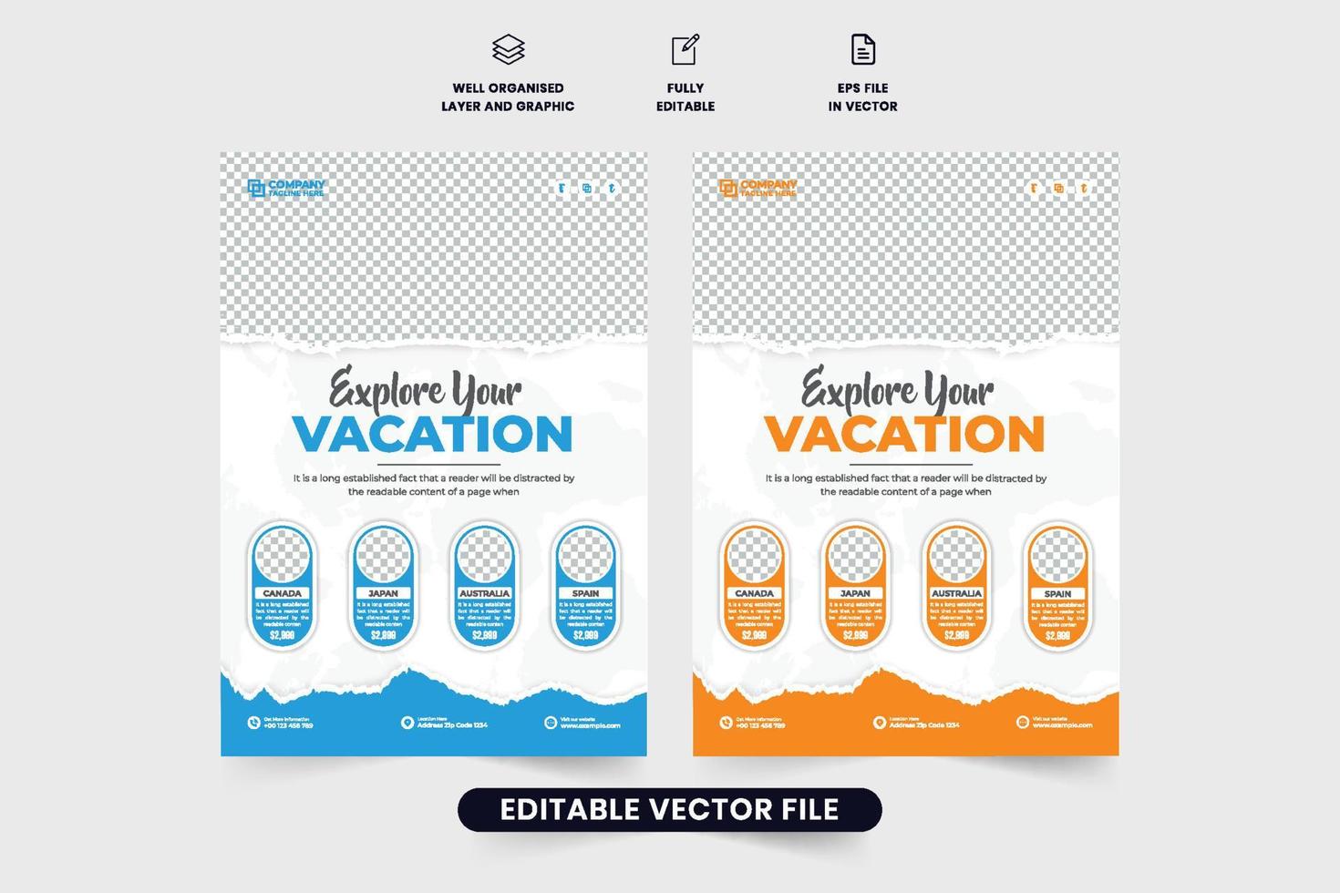 vakantie ontwerper agentschap folder ontwerp met blauw en oranje kleuren. tour en reizen bedrijf brochure of poster decoratie met korting secties en foto tijdelijke aanduidingen. toeren groep Promotie folder. vector