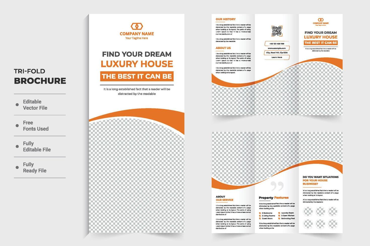 echt landgoed bedrijf promotionele brochure ontwerp met abstract oranje vormen. huis uitverkoop tri vouwen brochure sjabloon vector voor marketing. echt landgoed huis bouw bedrijf advertentie.