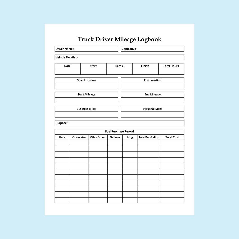 vrachtauto bestuurder kilometerstand log boek interieur. een vrachtauto bestuurder en bedrijf informatie tracker notitieboekje sjabloon. logboek interieur. vrachtauto bestuurder werk uur controleur en brandstof aankoop Vermelding sjabloon. vector