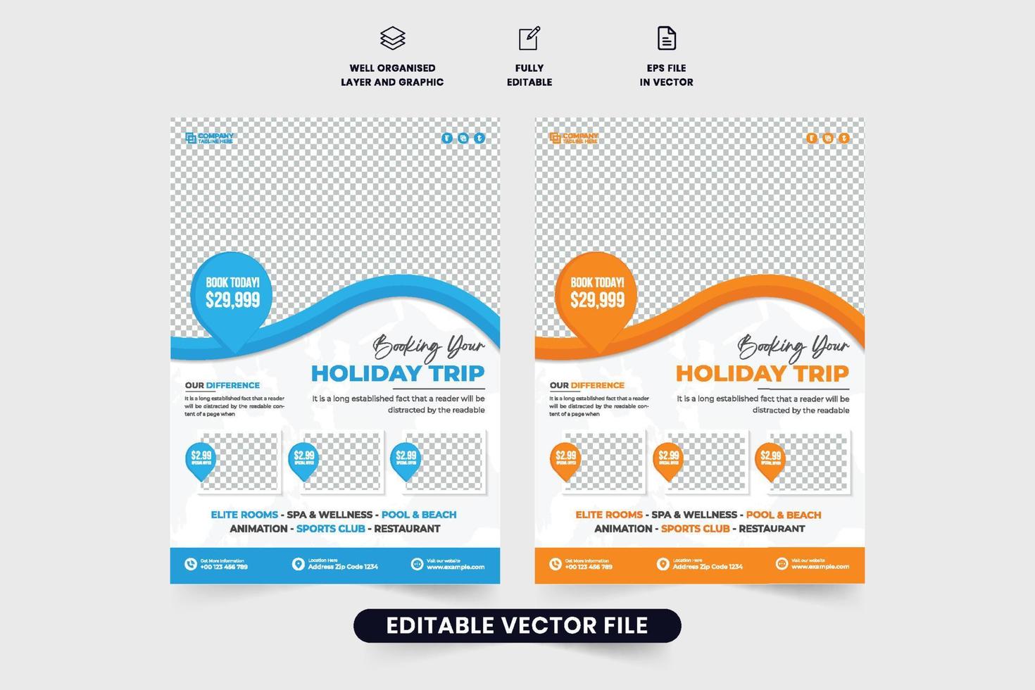 creatief reizen agentschap advertentie folder ontwerp met plaats pinnen en abstract vormen. modern vakantie reis ontwerper bedrijf brochure en poster vector. tour en reizen promotionele folder ontwerp. vector