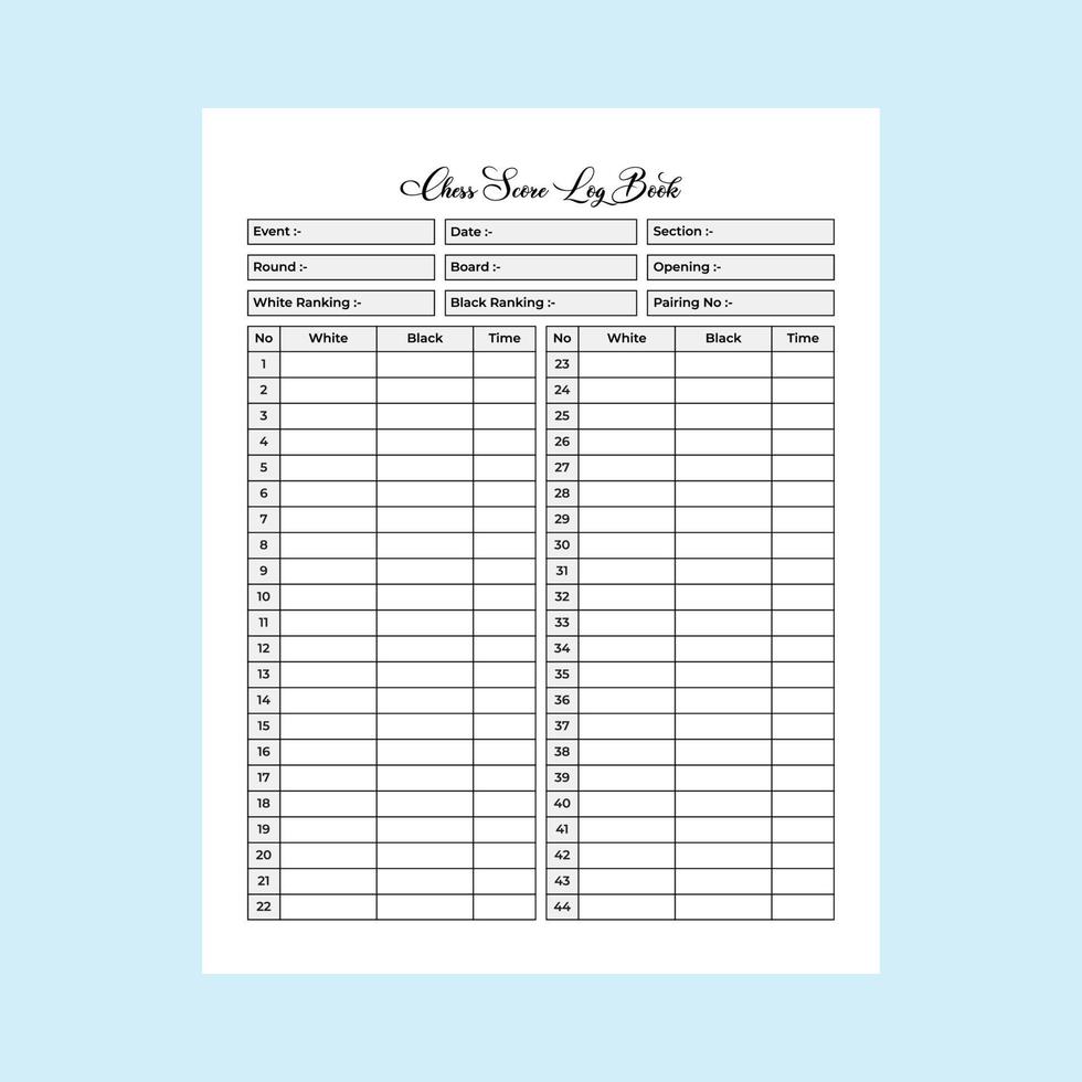 schaak spel partituur logboek interieur. schaak speler informatie en spel partituur tracker interieur. notitieboekje interieur. schaak spel partituur tracker en informatie notitieboekje sjabloon. vector