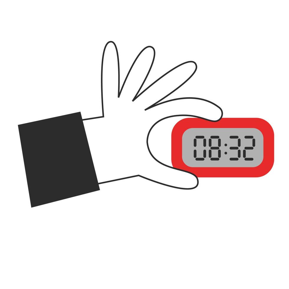 handen Holding elektronisch klok. tijd beheer concept. vroeg of laat acties, begin en af hebben, uren en minuten, begin en einde, deadline vector vlak illustratie.