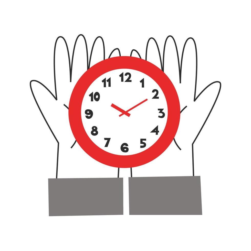 handen Holding klok Aan de palm. tijd beheer concept. vroeg of laat acties, begin en af hebben, uren en minuten, begin en einde, deadline vector vlak illustratie.