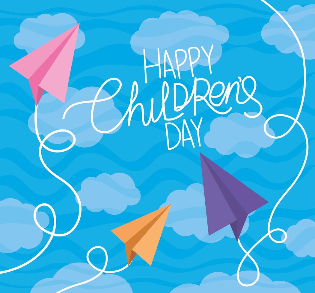 gelukkige kinderdag met papieren vliegtuigen en wolken vector ontwerp