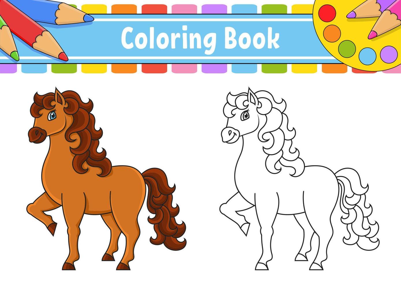 kleur boek voor kinderen. schattig paard. boerderij dier. wasbeer karakter. vector illustratie. zwart contour silhouet. geïsoleerd Aan wit achtergrond.