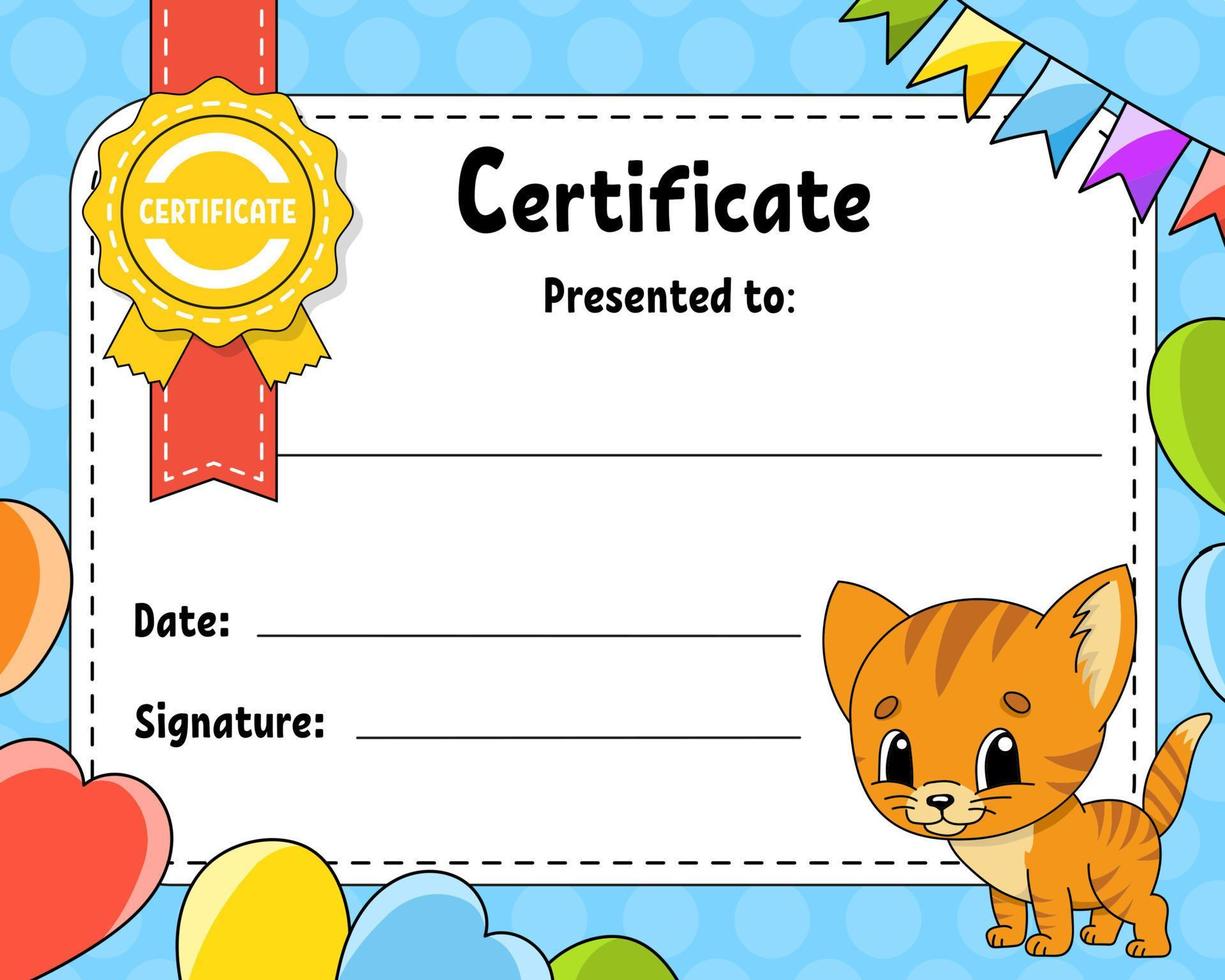 certificaat sjabloon voor kinderen. kleurrijk school- en peuter- diploma. met schattig karakter. vector illustratie.