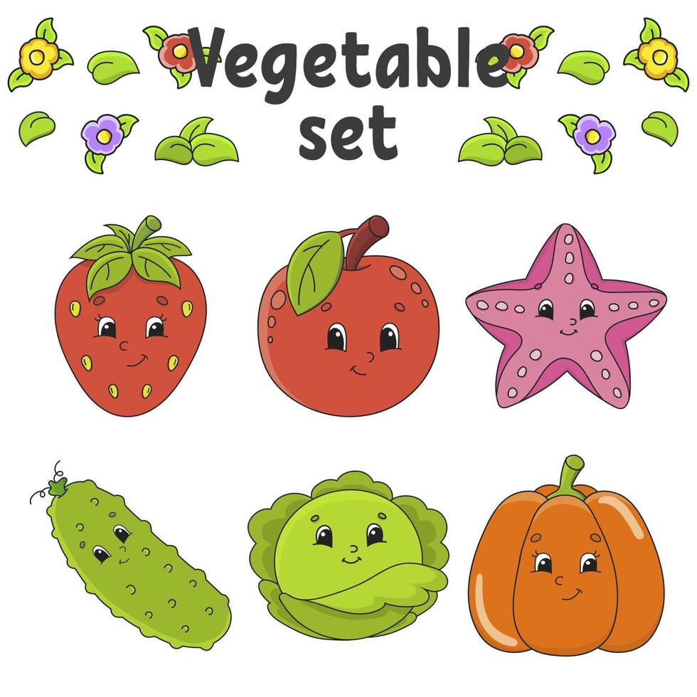 set stickers met schattige stripfiguren. hand getekend. kleurrijk pak. vectorillustratie. patch badges collectie voor kinderen. voor dagelijkse planner, organisator, dagboek. vector